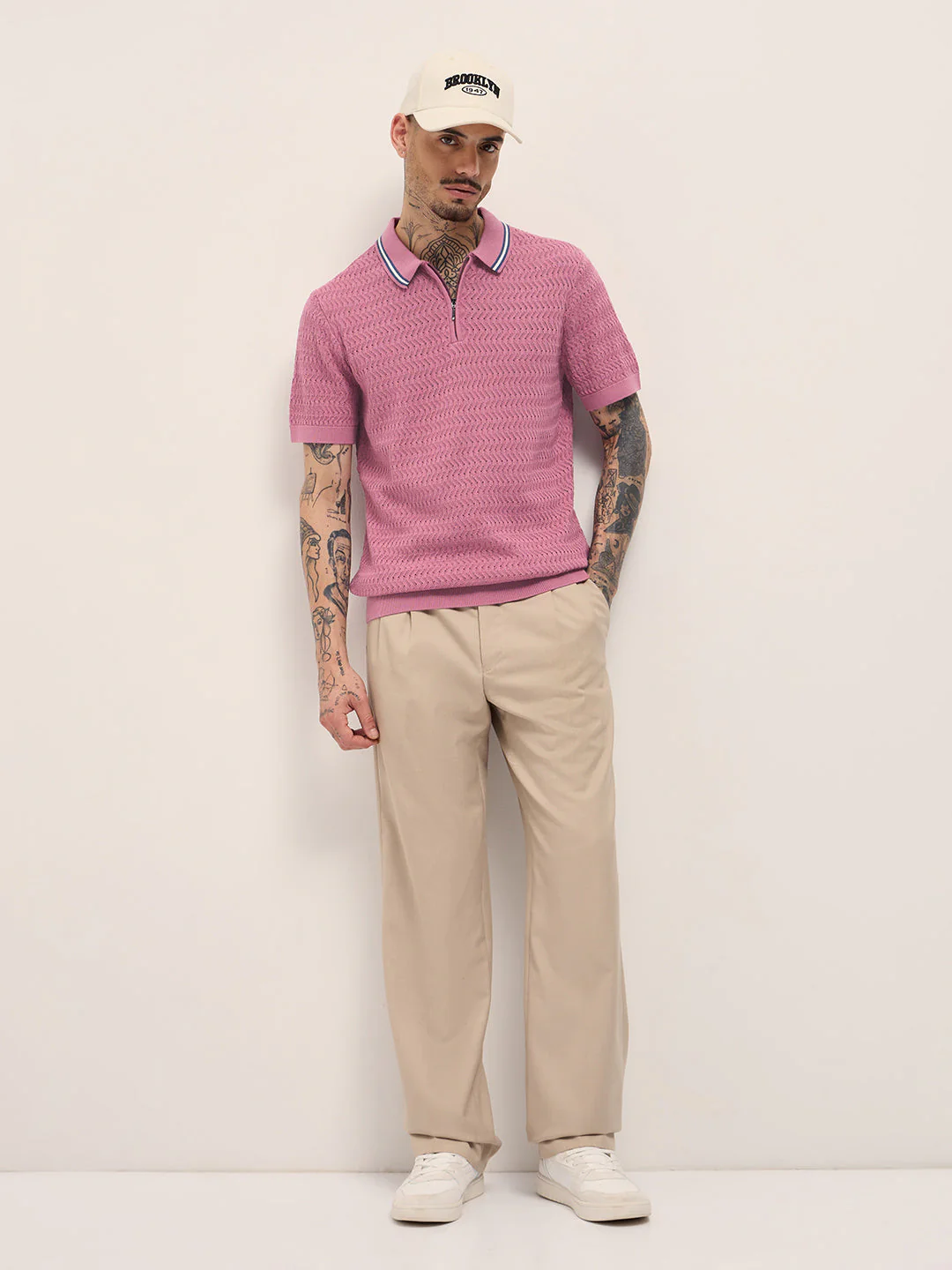 Men Pink Textured Knit Design Regular Fit Polo - Image 4