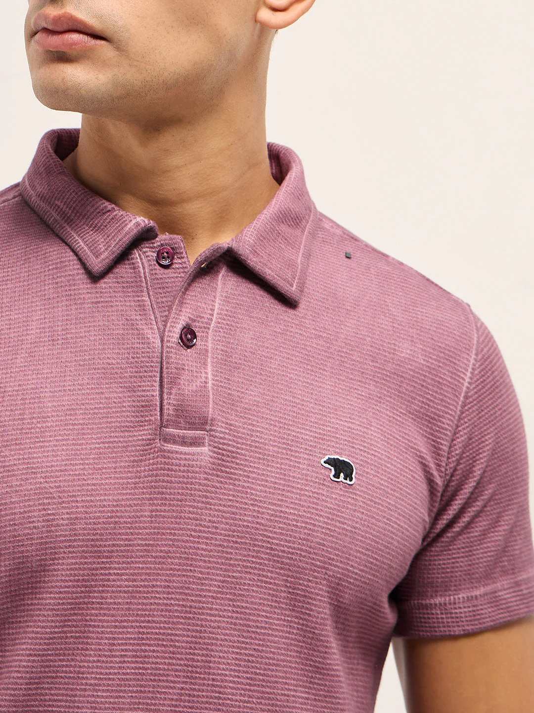 Men Pink Textured Knit Slim Fit Polo - Image 5