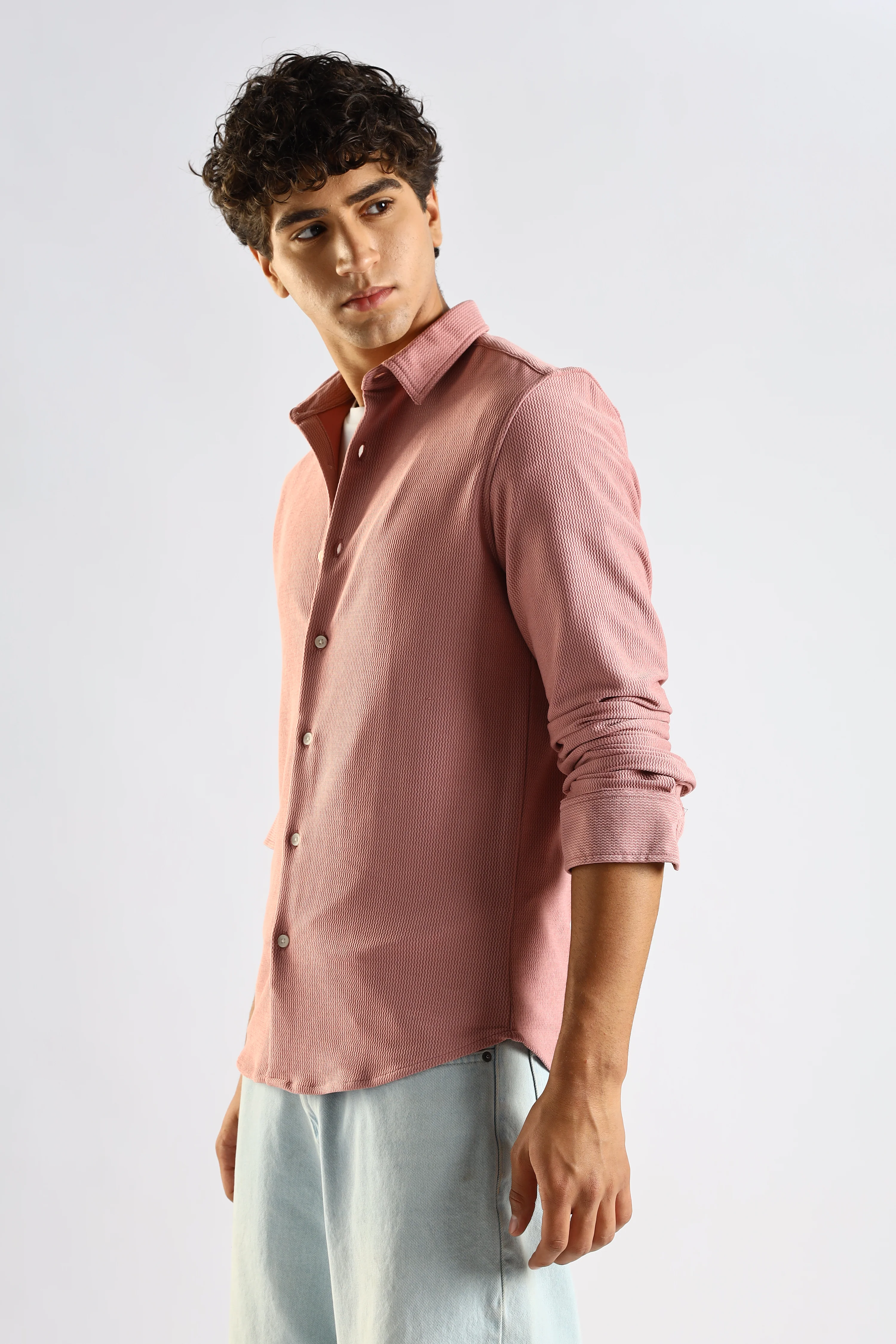 Men Pink Textured Spread Collar Shirt - Image 5