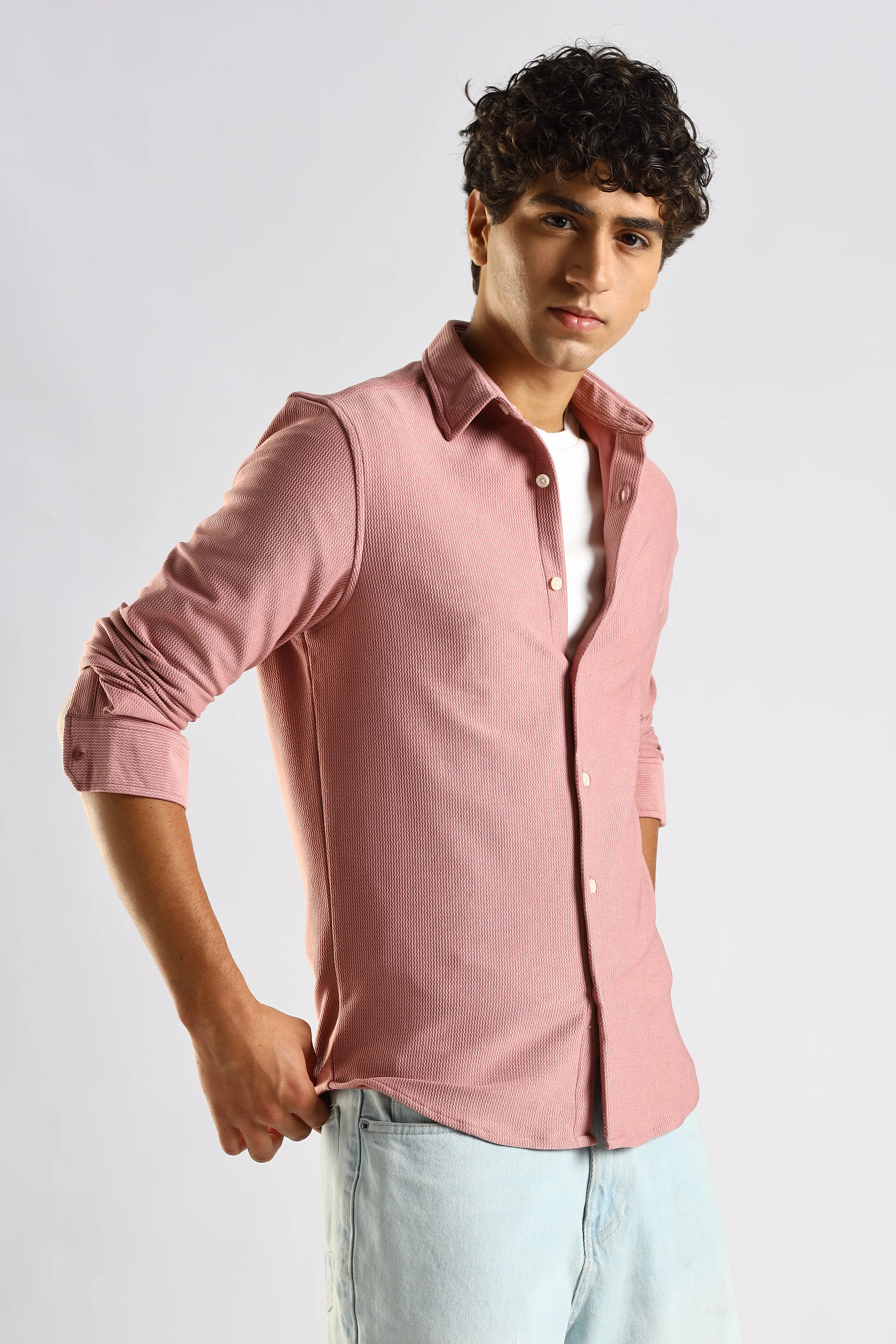 Men Pink Textured Spread Collar Shirt - Image 6