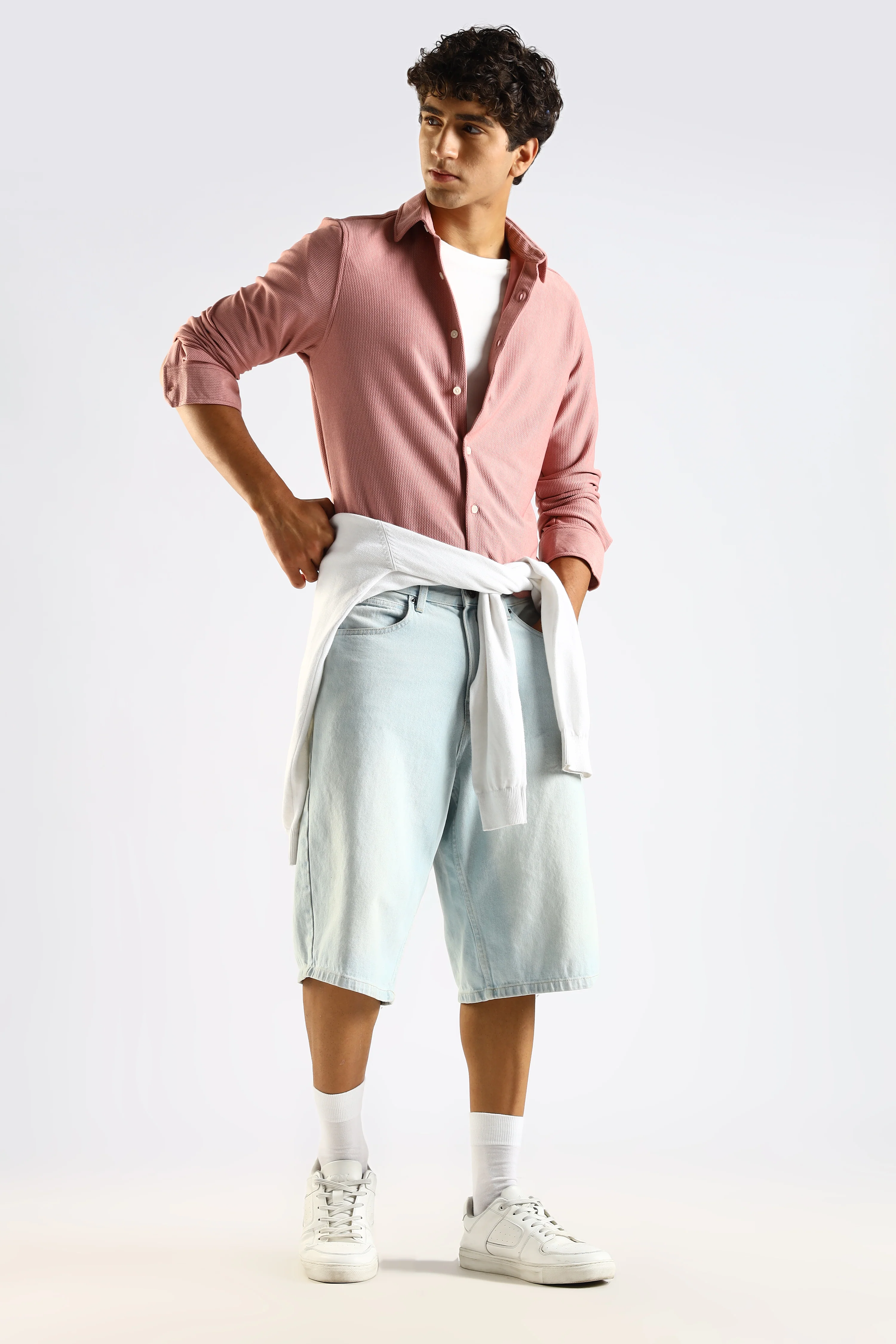Men Pink Textured Spread Collar Shirt - Image 7
