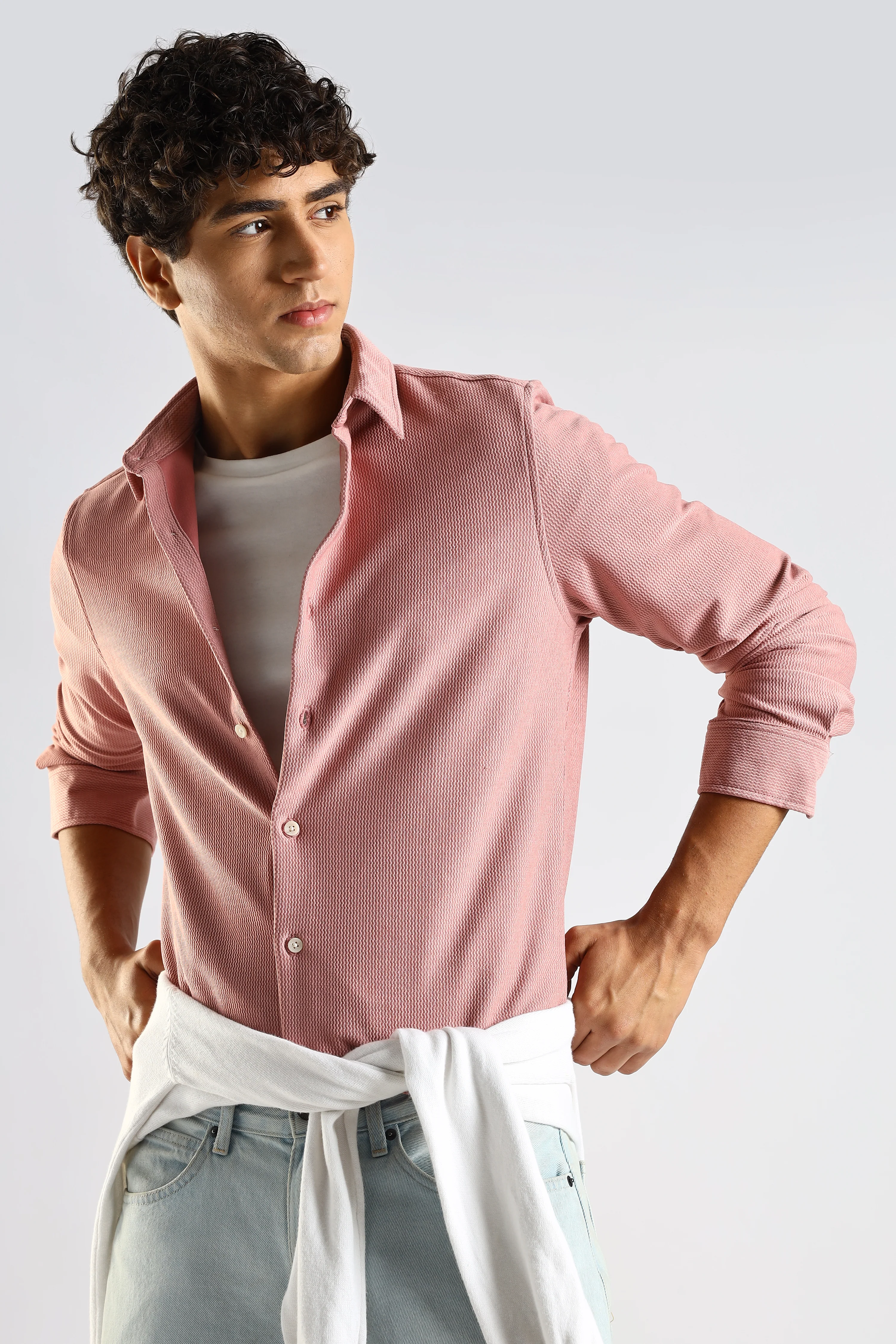 Men Pink Textured Spread Collar Shirt - Image 8