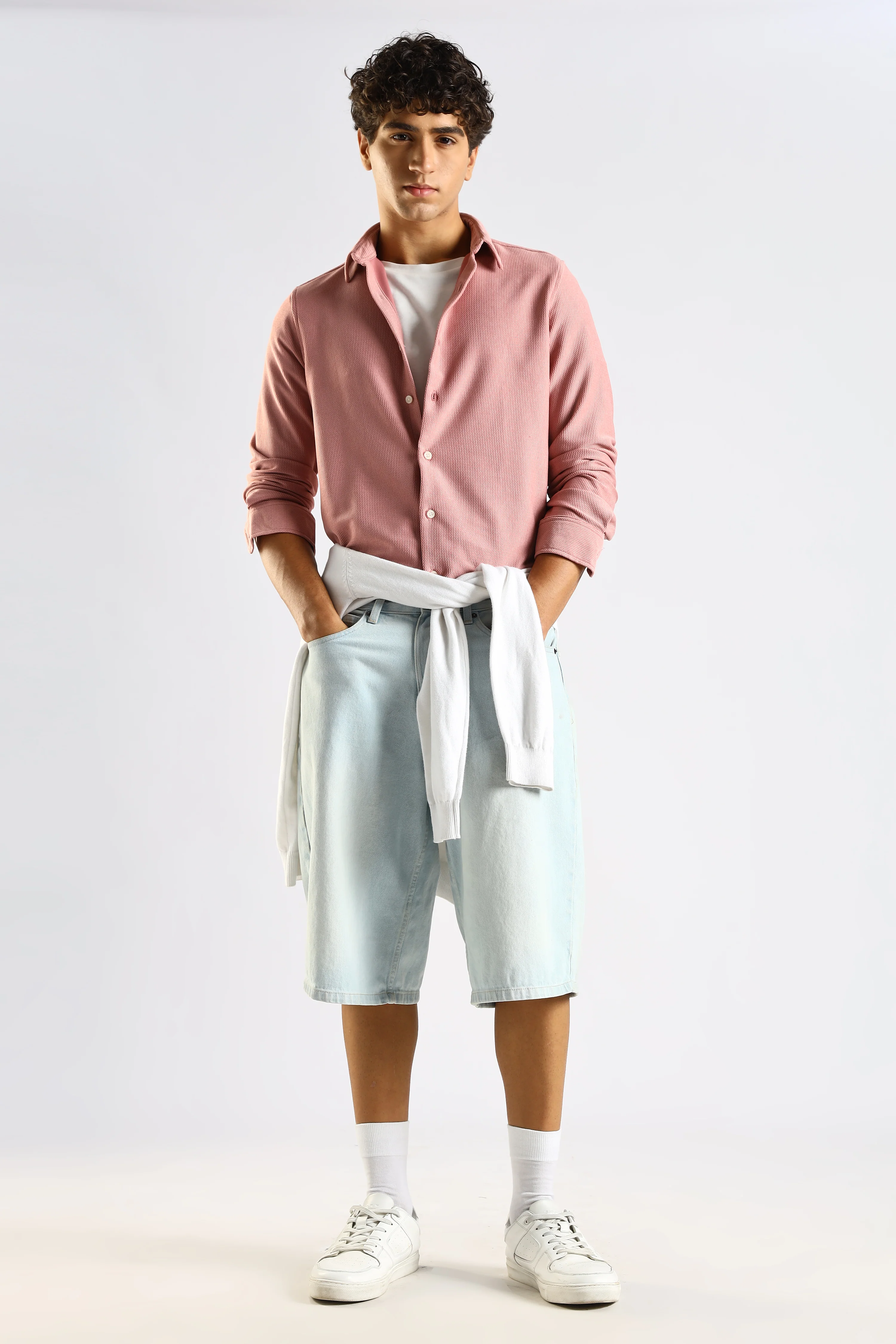 Men Pink Textured Spread Collar Shirt - Image 9