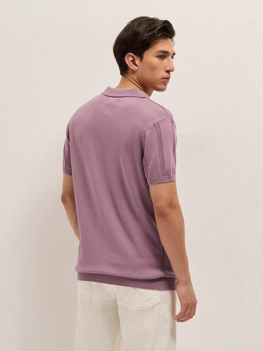 Men Pink Textured vertical knit stripes Slim Fit Polo - Image 2