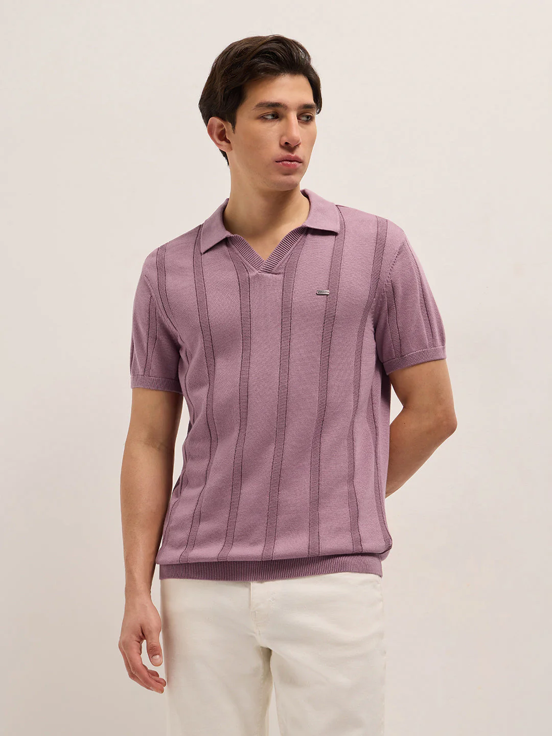Men Pink Textured vertical knit stripes Slim Fit Polo - Image 6