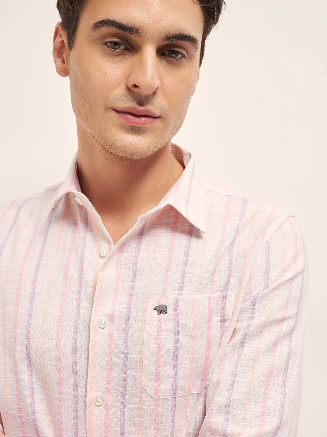 Men Pink Vertical Stripes Slim Fit Casual Shirt - Image 5