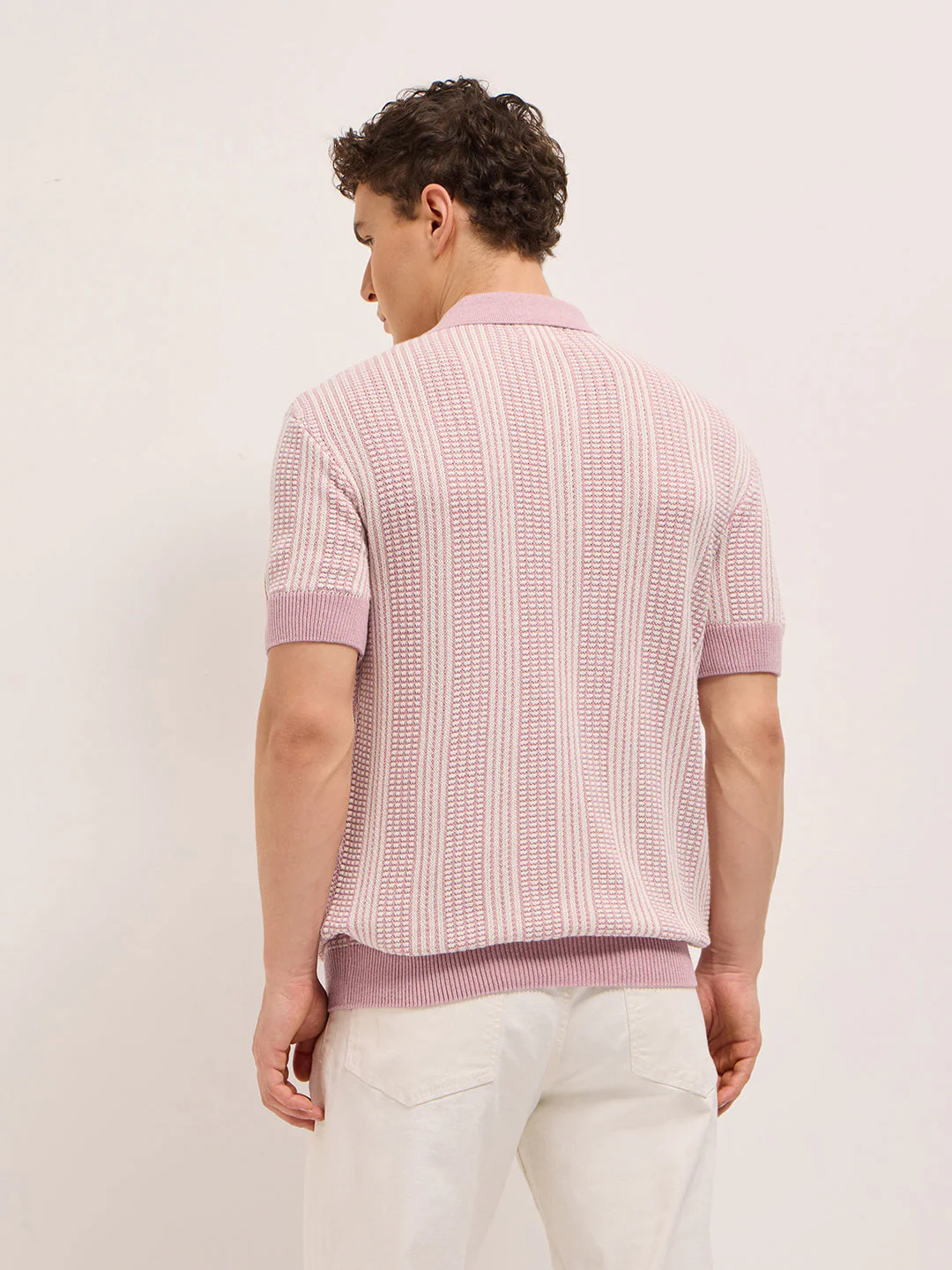 Men Pink Vertical Textured Flat Knit Slim Fit Polo Shirt - Image 2
