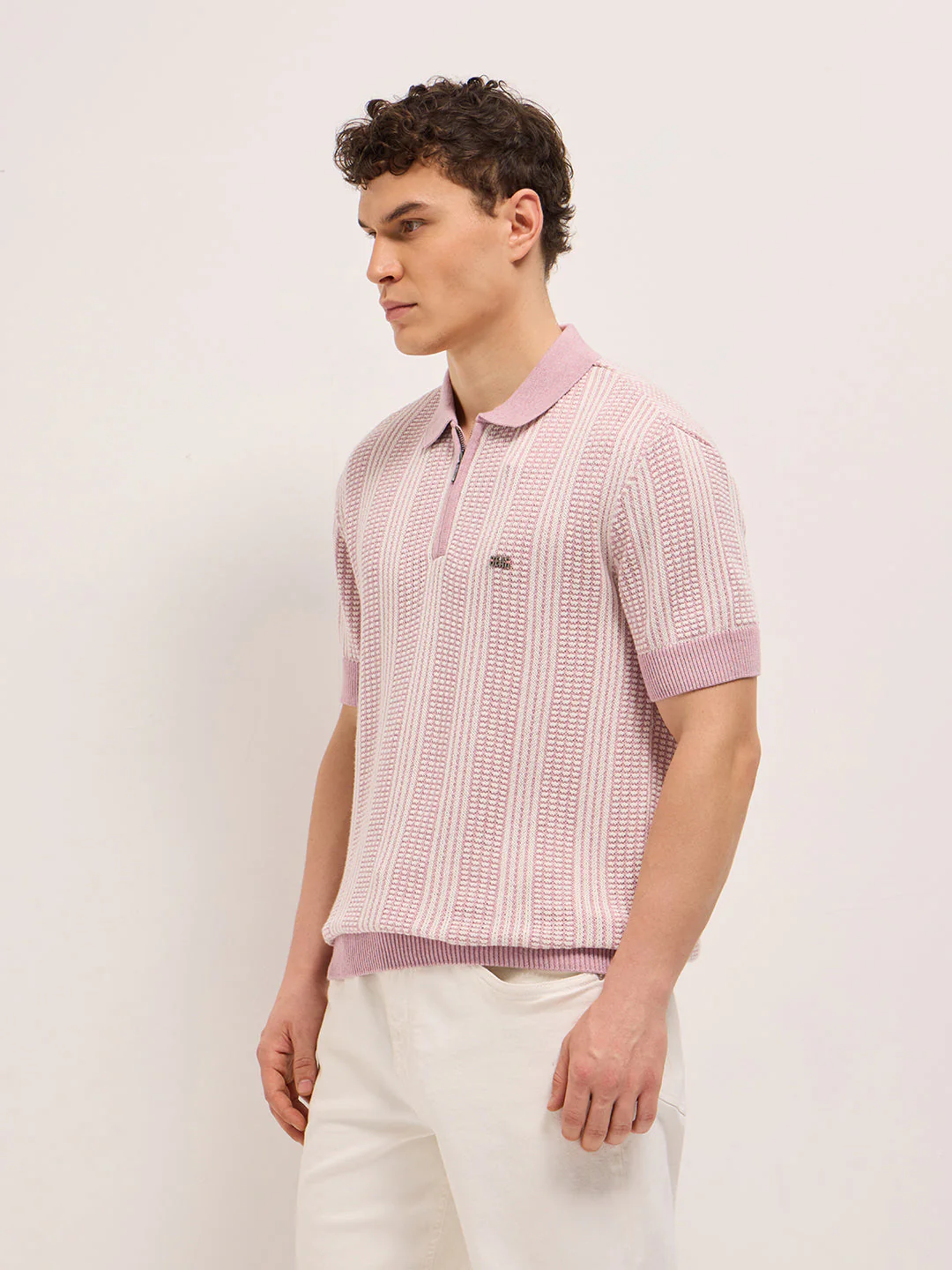 Men Pink Vertical Textured Flat Knit Slim Fit Polo Shirt - Image 3