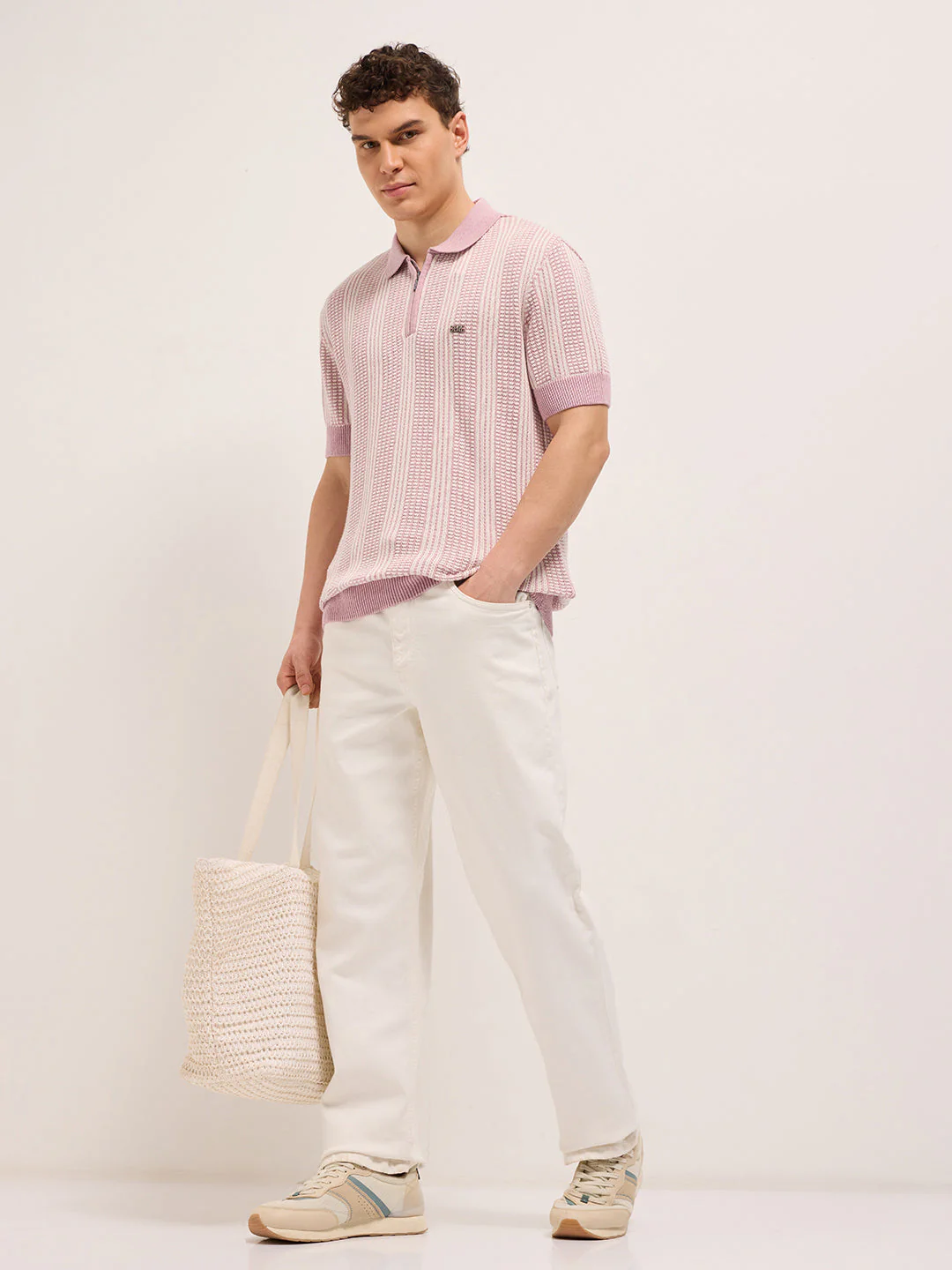 Men Pink Vertical Textured Flat Knit Slim Fit Polo Shirt - Image 4