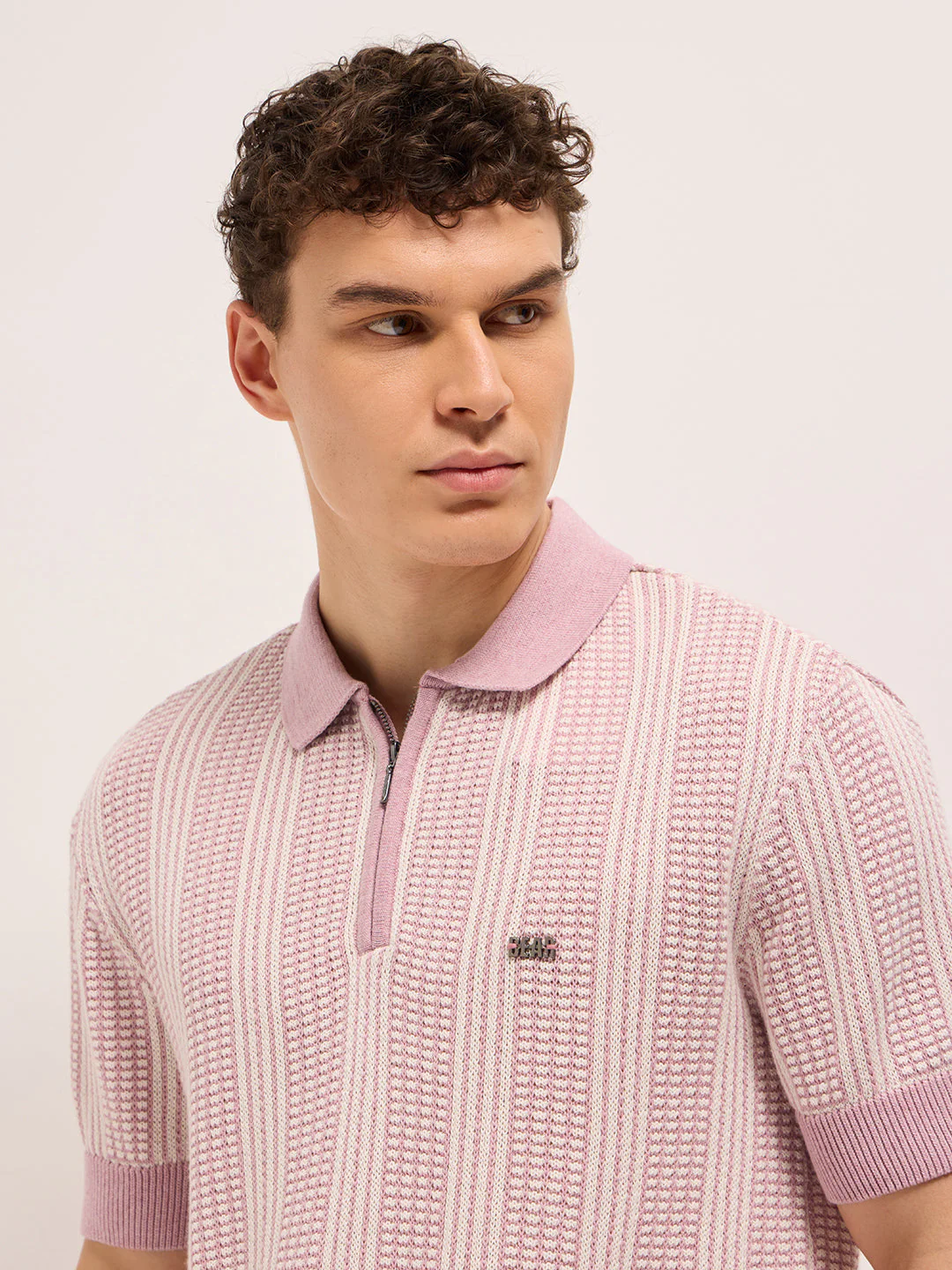 Men Pink Vertical Textured Flat Knit Slim Fit Polo Shirt - Image 5