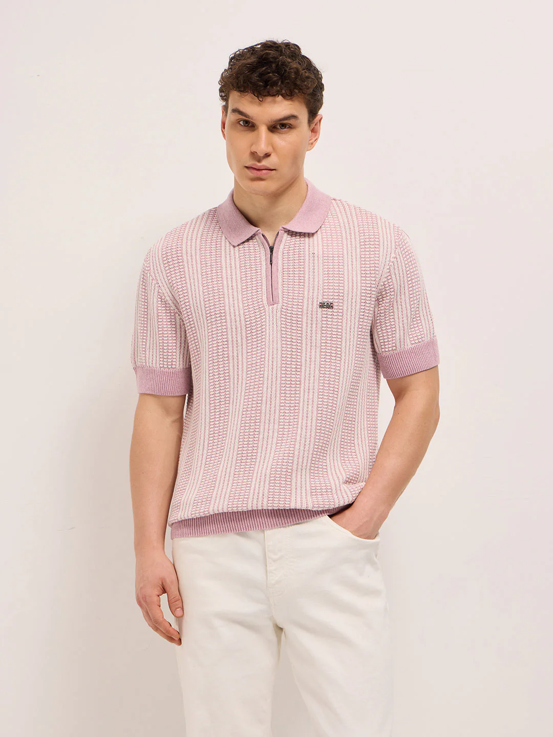 Men Pink Vertical Textured Flat Knit Slim Fit Polo Shirt - Image 6