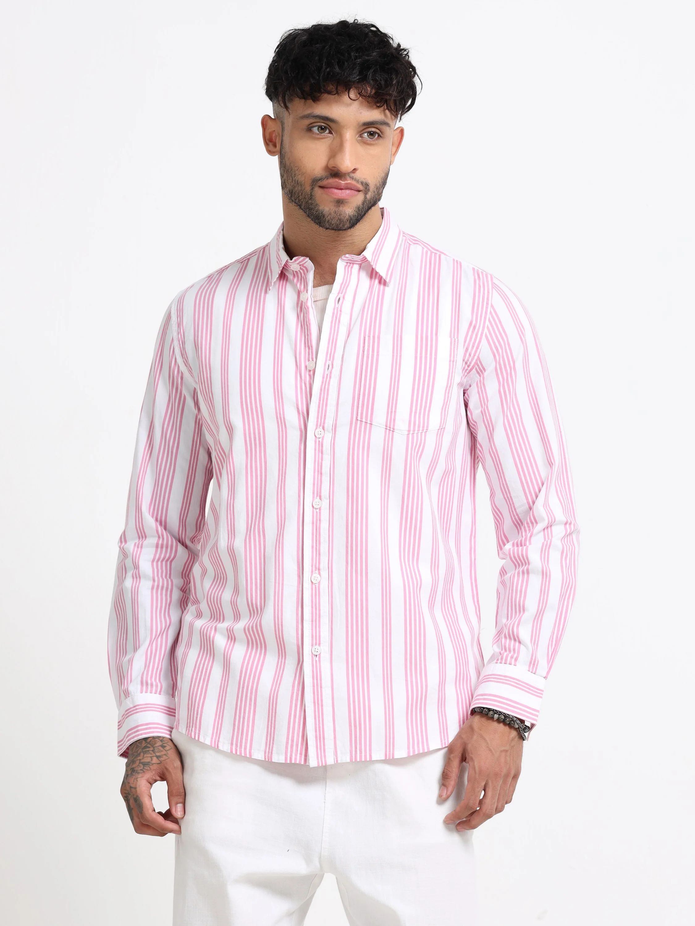 Men Pink & White  Stripe shirt - Image 2