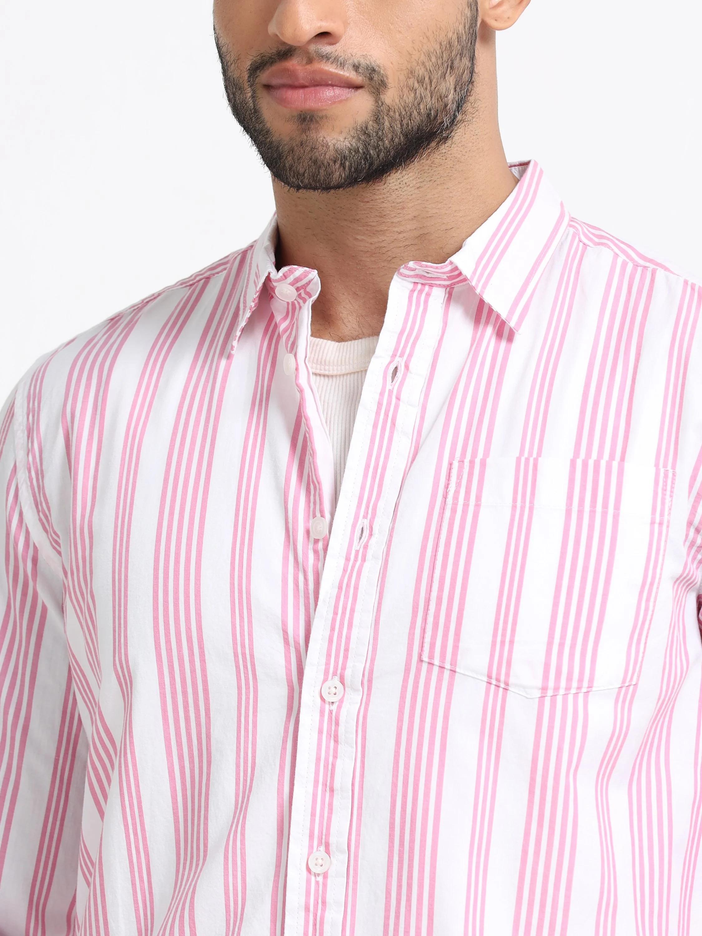 Men Pink & White  Stripe shirt - Image 5