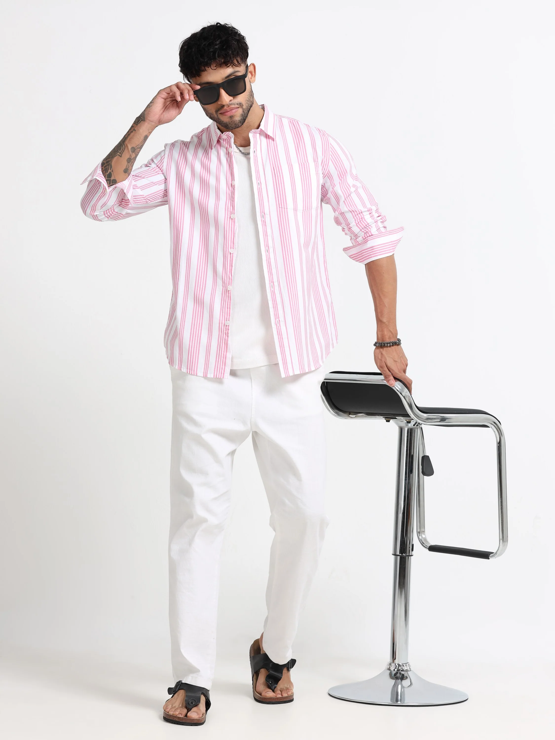 Men Pink & White  Stripe shirt - Image 7