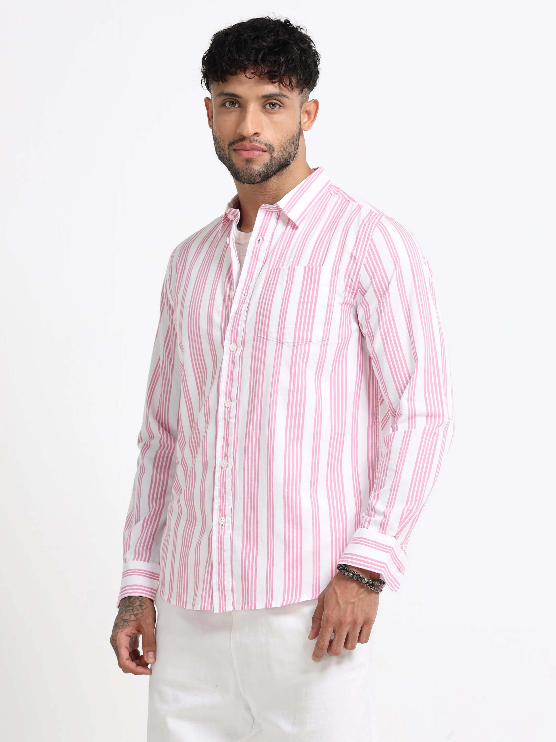 Men Pink & White  Stripe shirt - Image 8