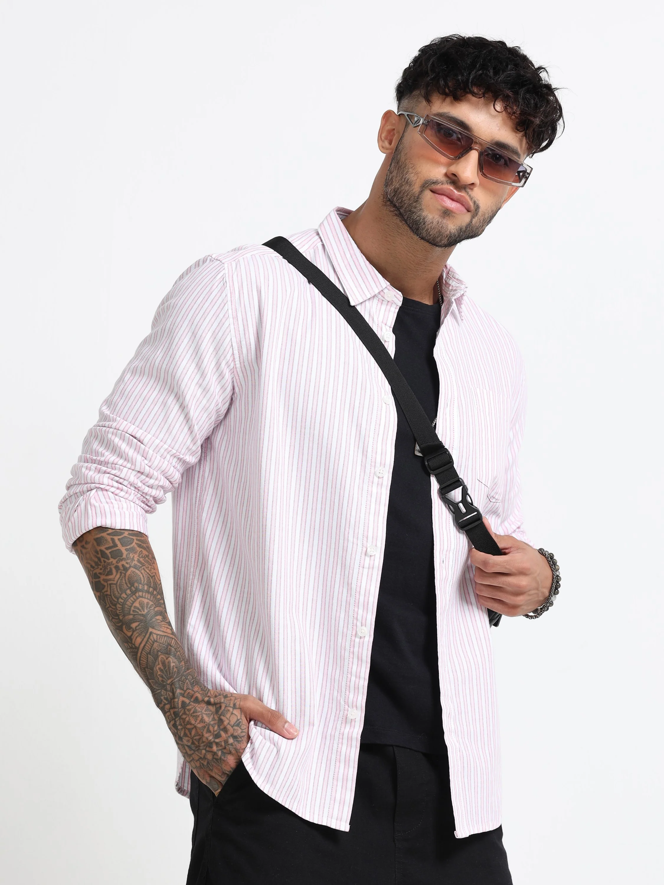 Men Pink & White Stripe Shirt - Image 2