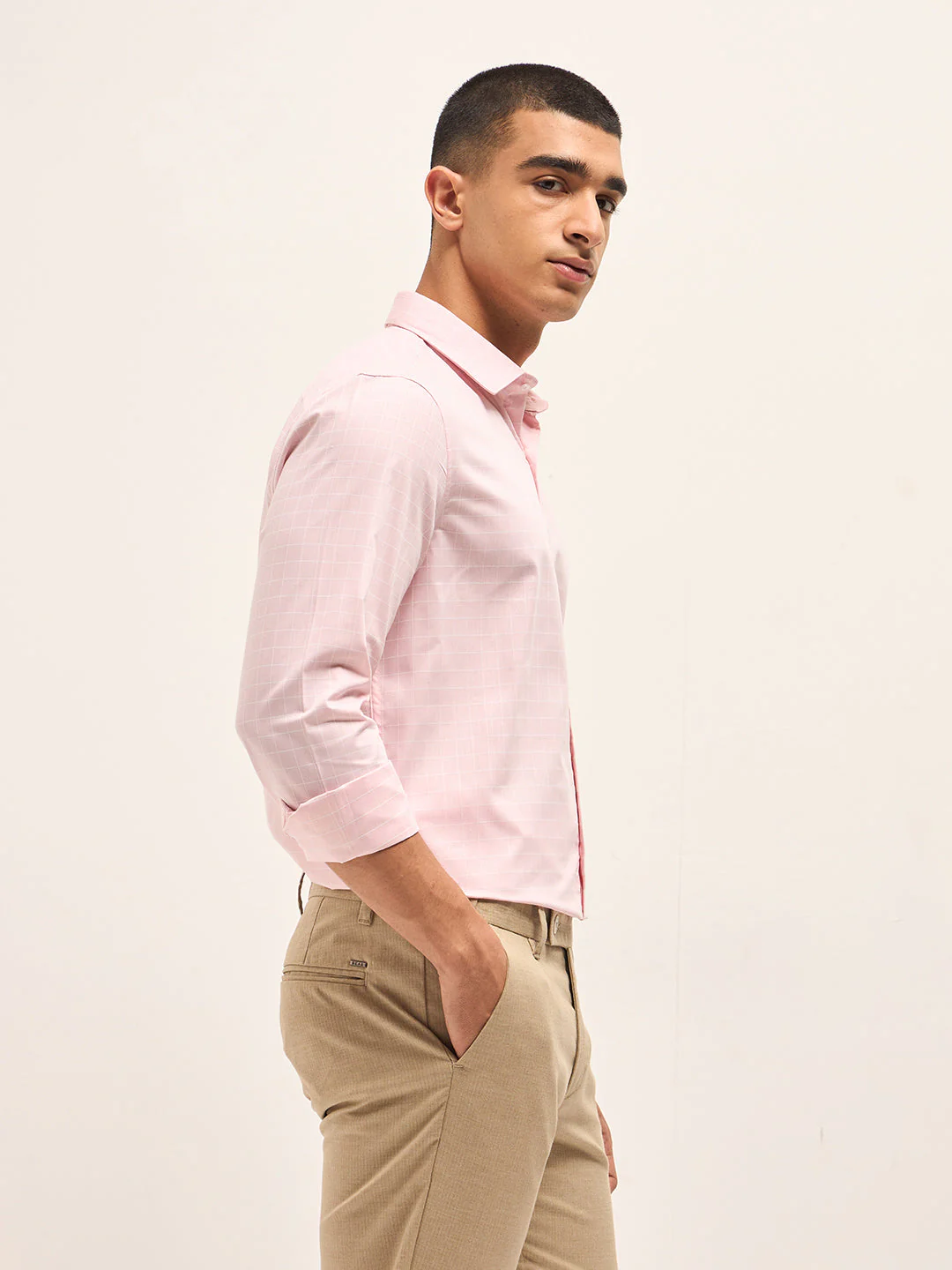 Men Pink Windowpane Checks Tailored Fit Formal Shirt - Image 3