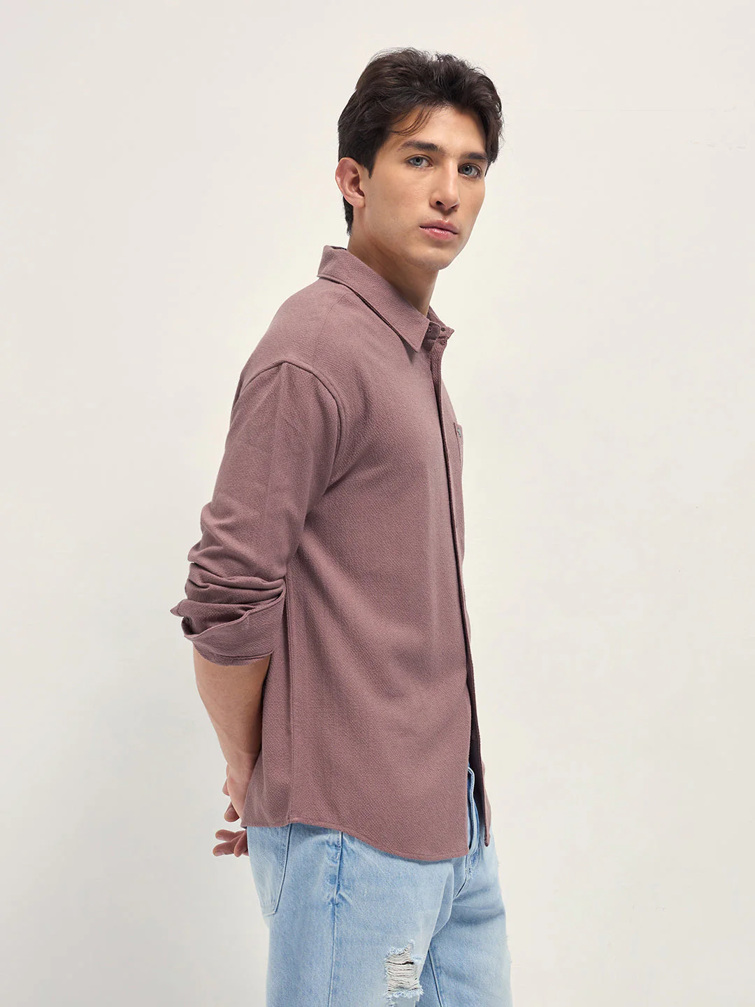 Men Pink Woven Textured Relaxed Fit Casual Shirt - Image 3