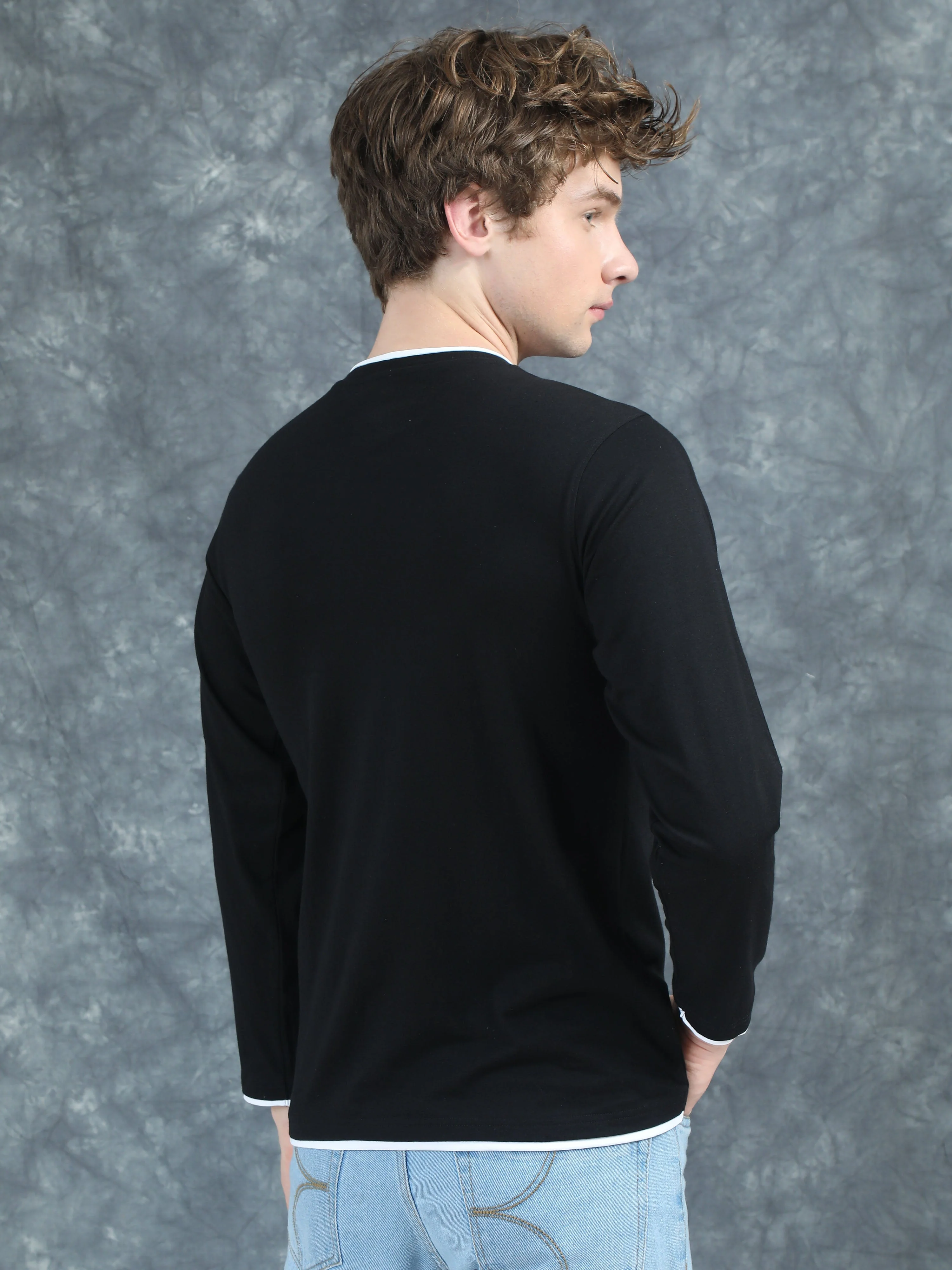 Men Piped Solid Black Full Sleeve T-Shirt - Image 2
