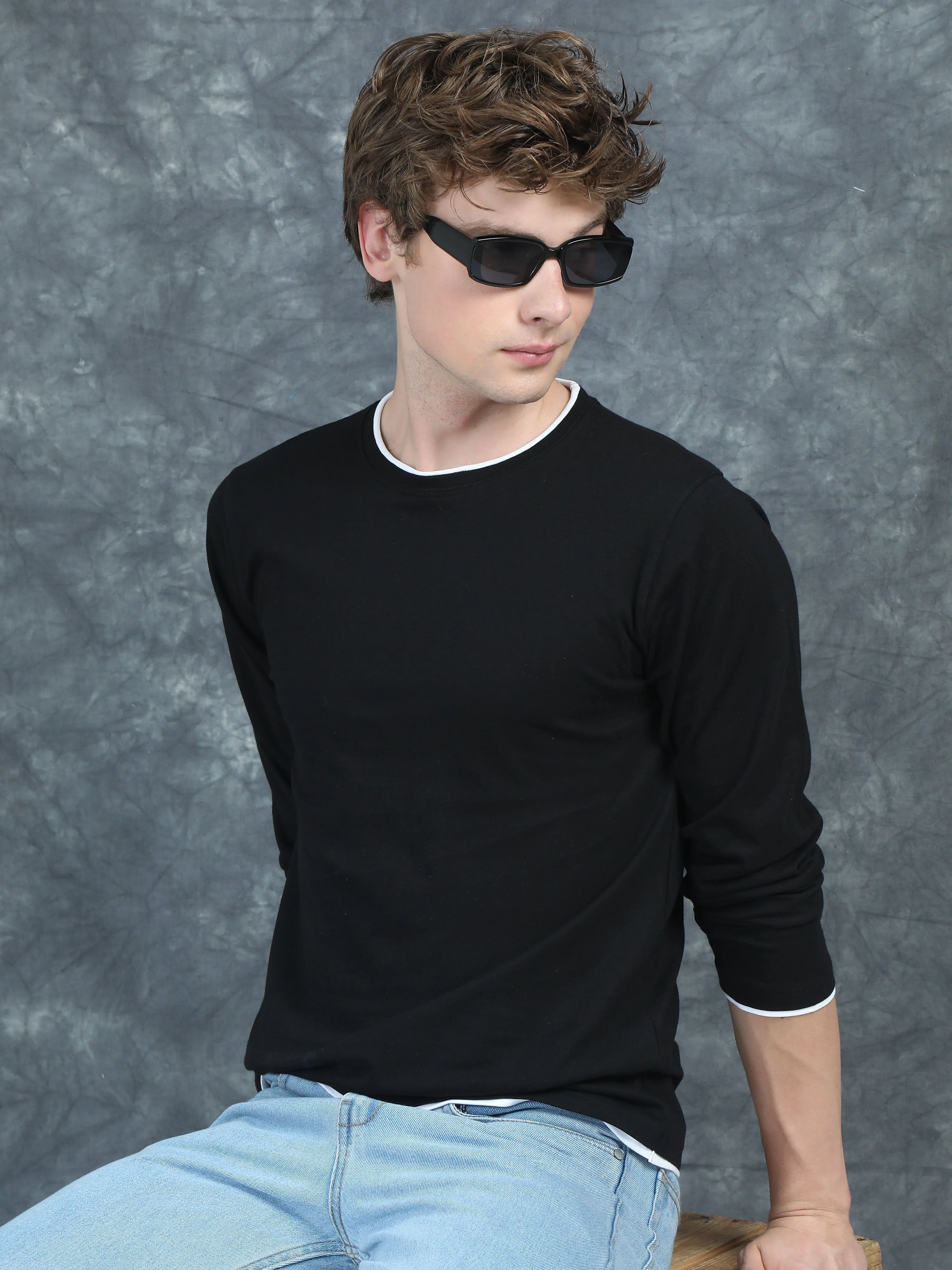 Men Piped Solid Black Full Sleeve T-Shirt - Image 3