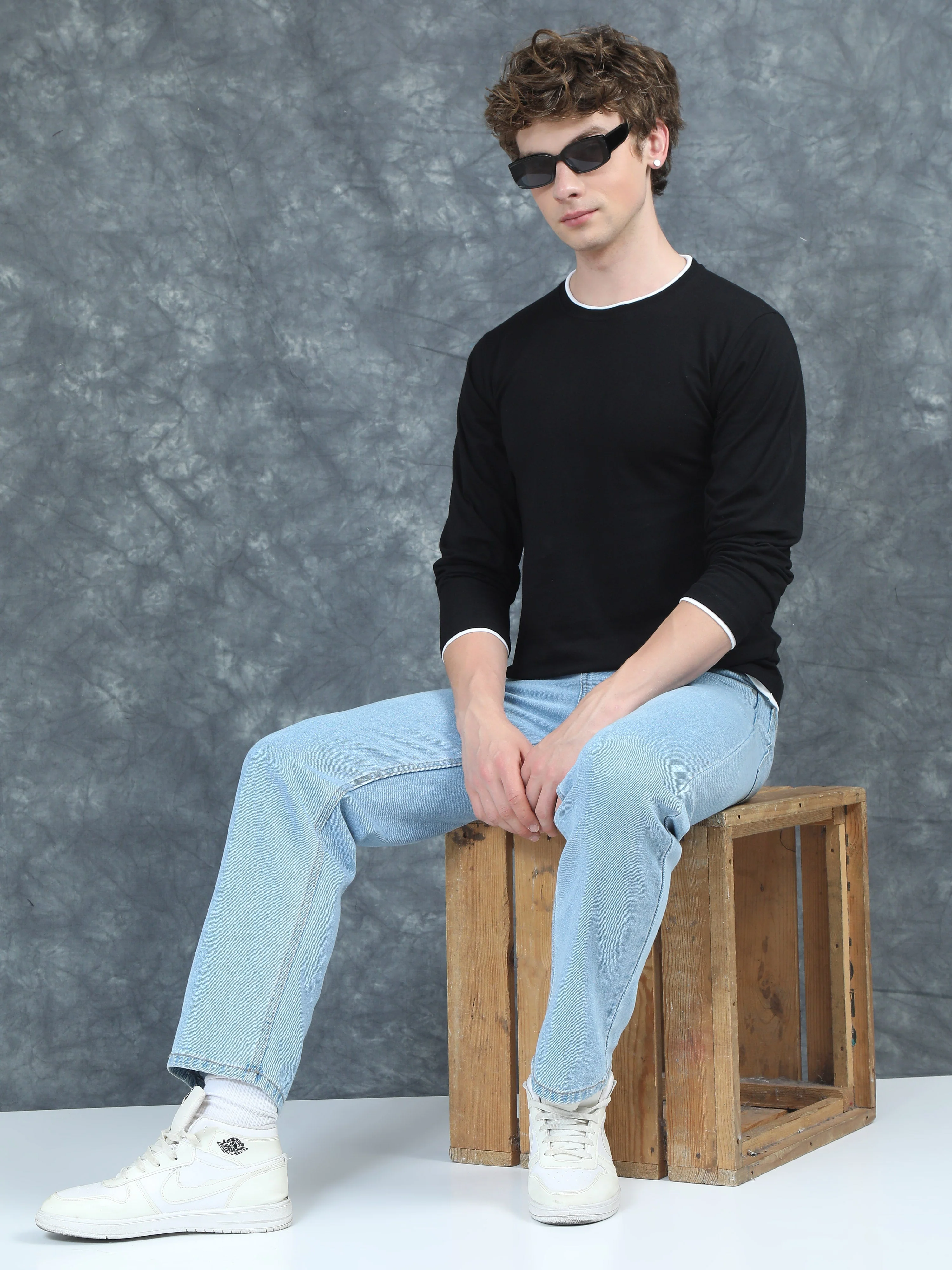 Men Piped Solid Black Full Sleeve T-Shirt - Image 6