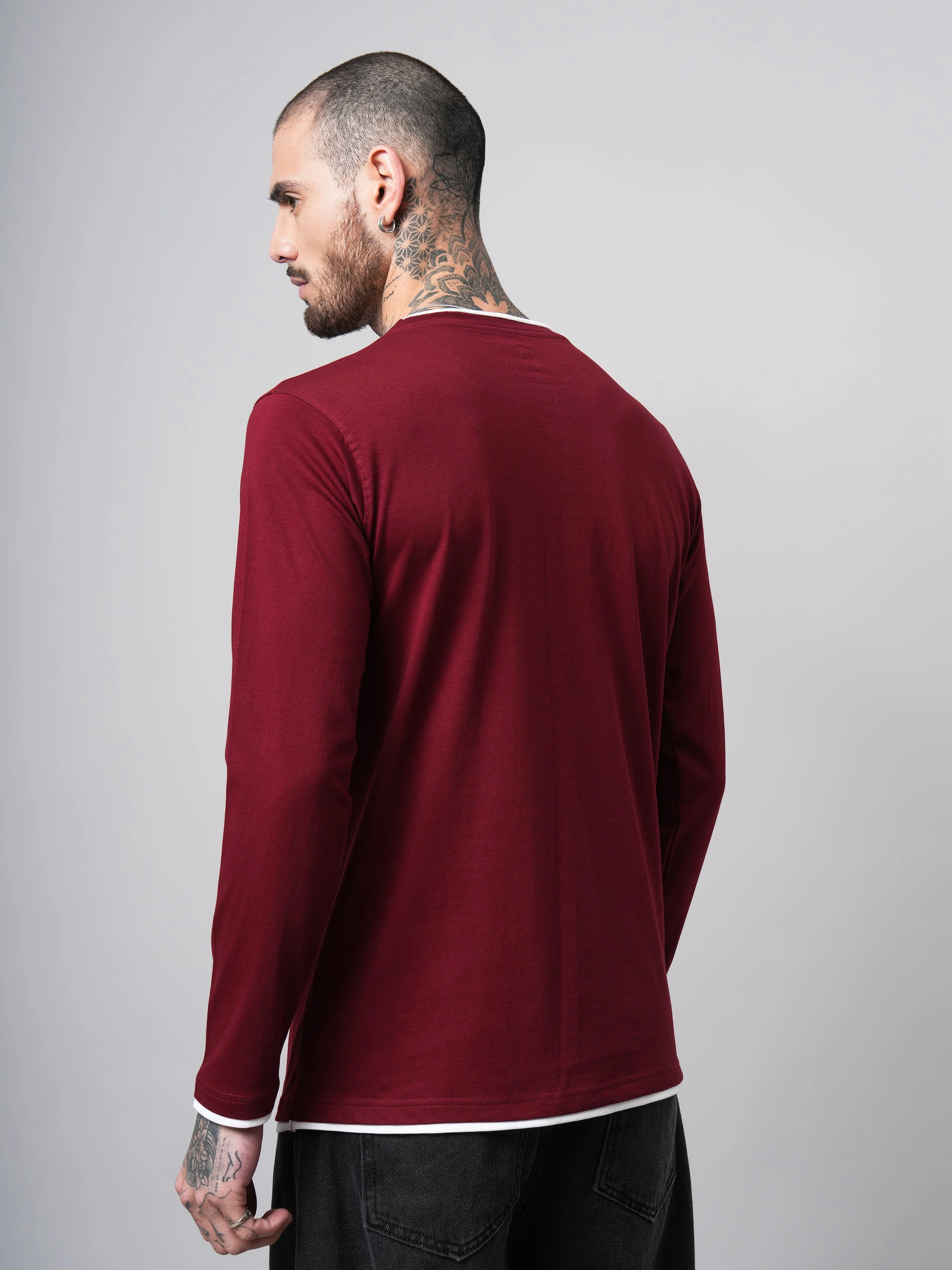 Men Piped Solid Full Sleeve Maroon T-Shirt - Image 2