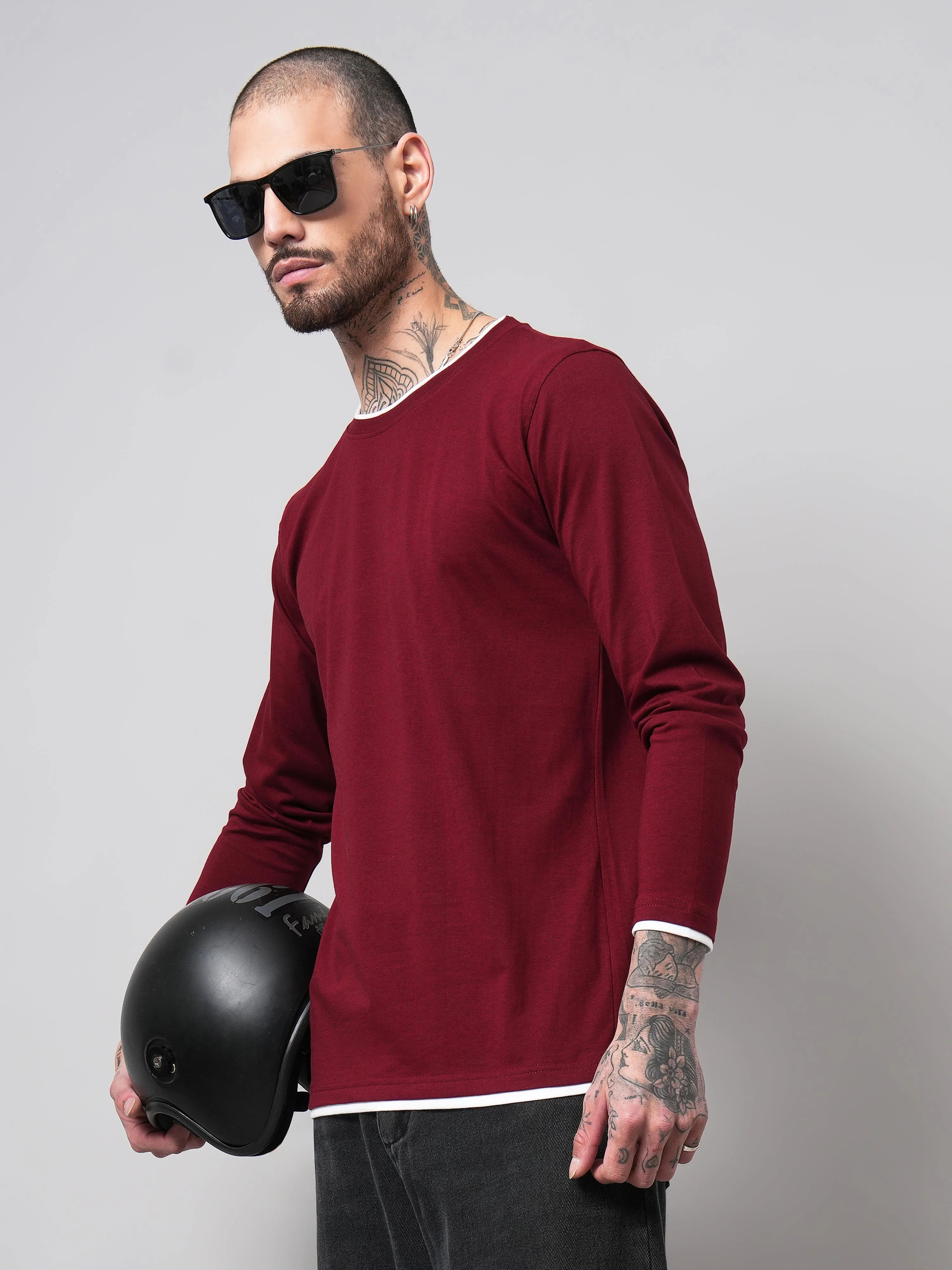 Men Piped Solid Full Sleeve Maroon T-Shirt - Image 3