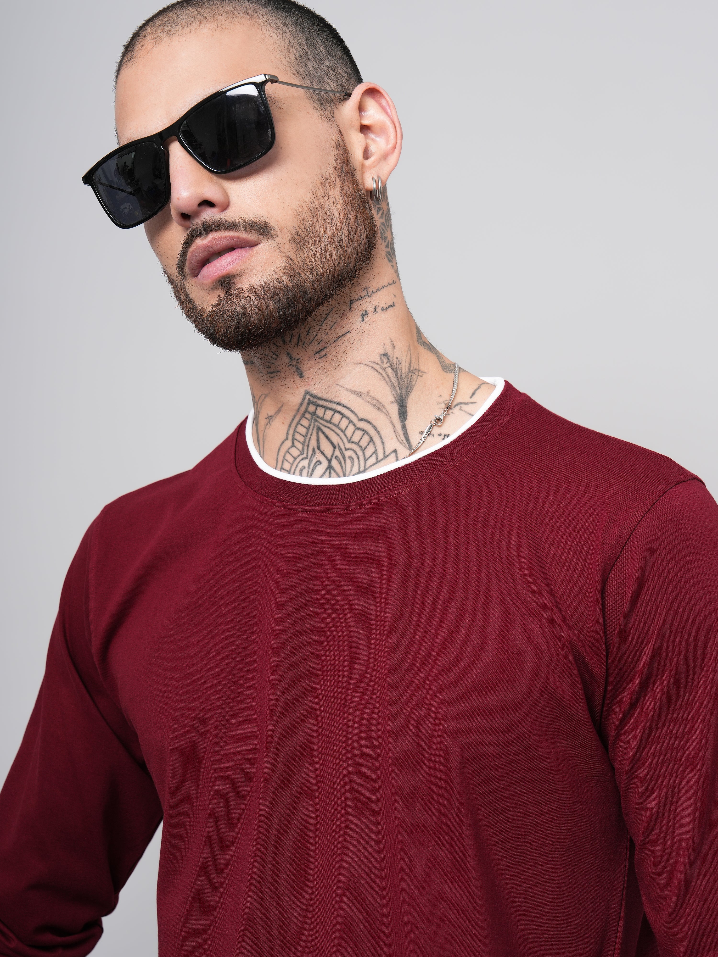 Men Piped Solid Full Sleeve Maroon T-Shirt - Image 4