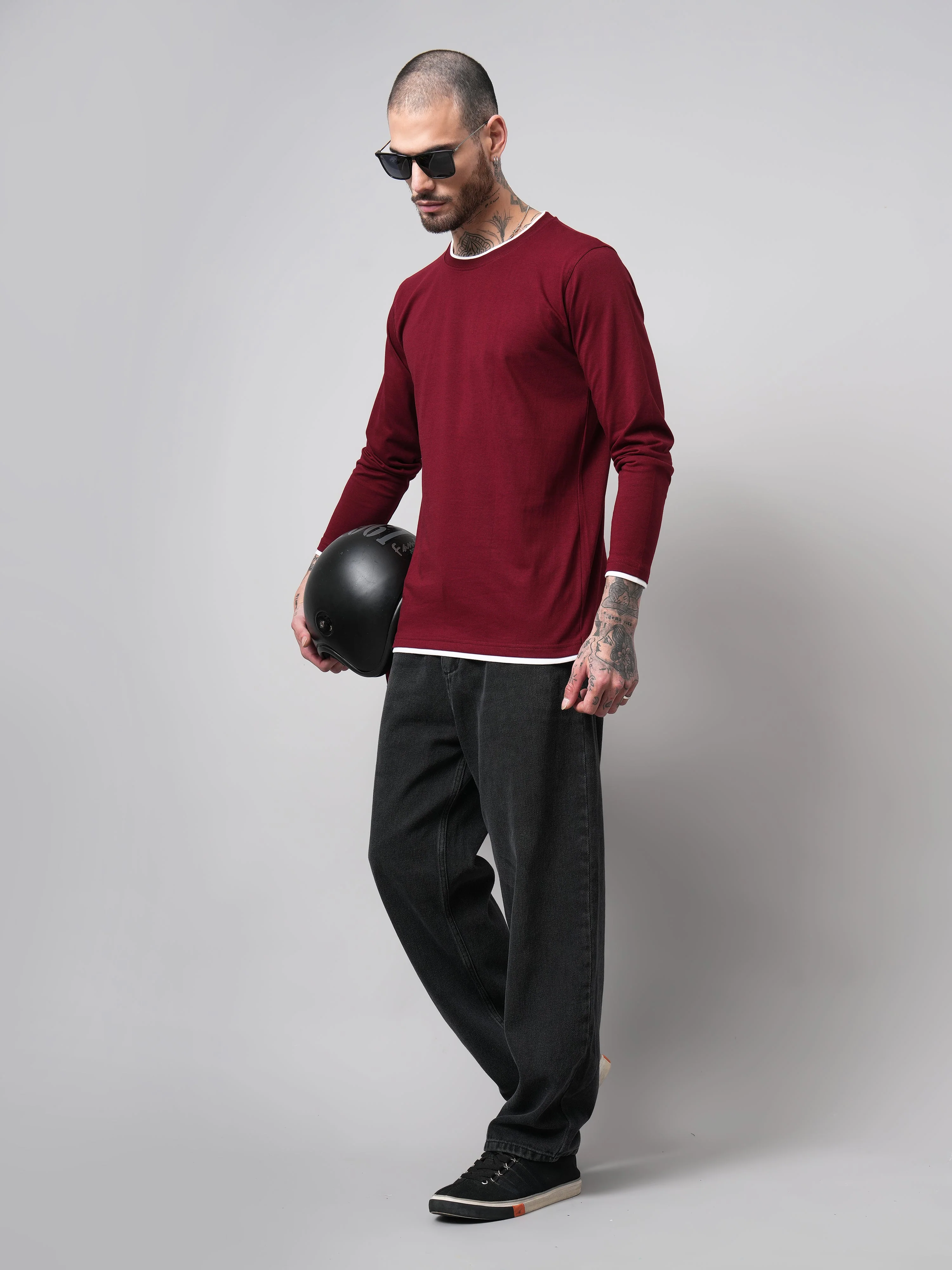 Men Piped Solid Full Sleeve Maroon T-Shirt - Image 5