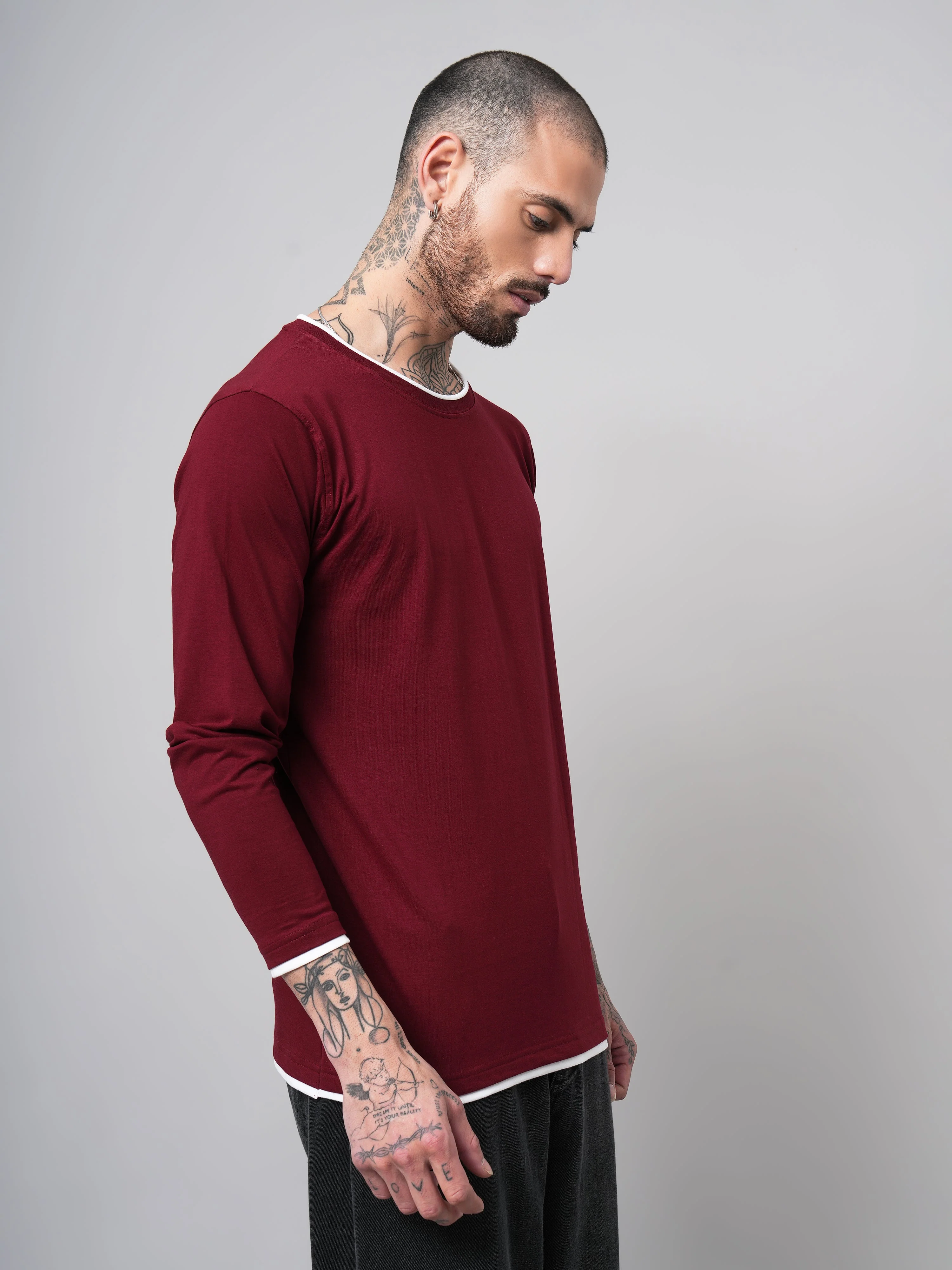 Men Piped Solid Full Sleeve Maroon T-Shirt - Image 6