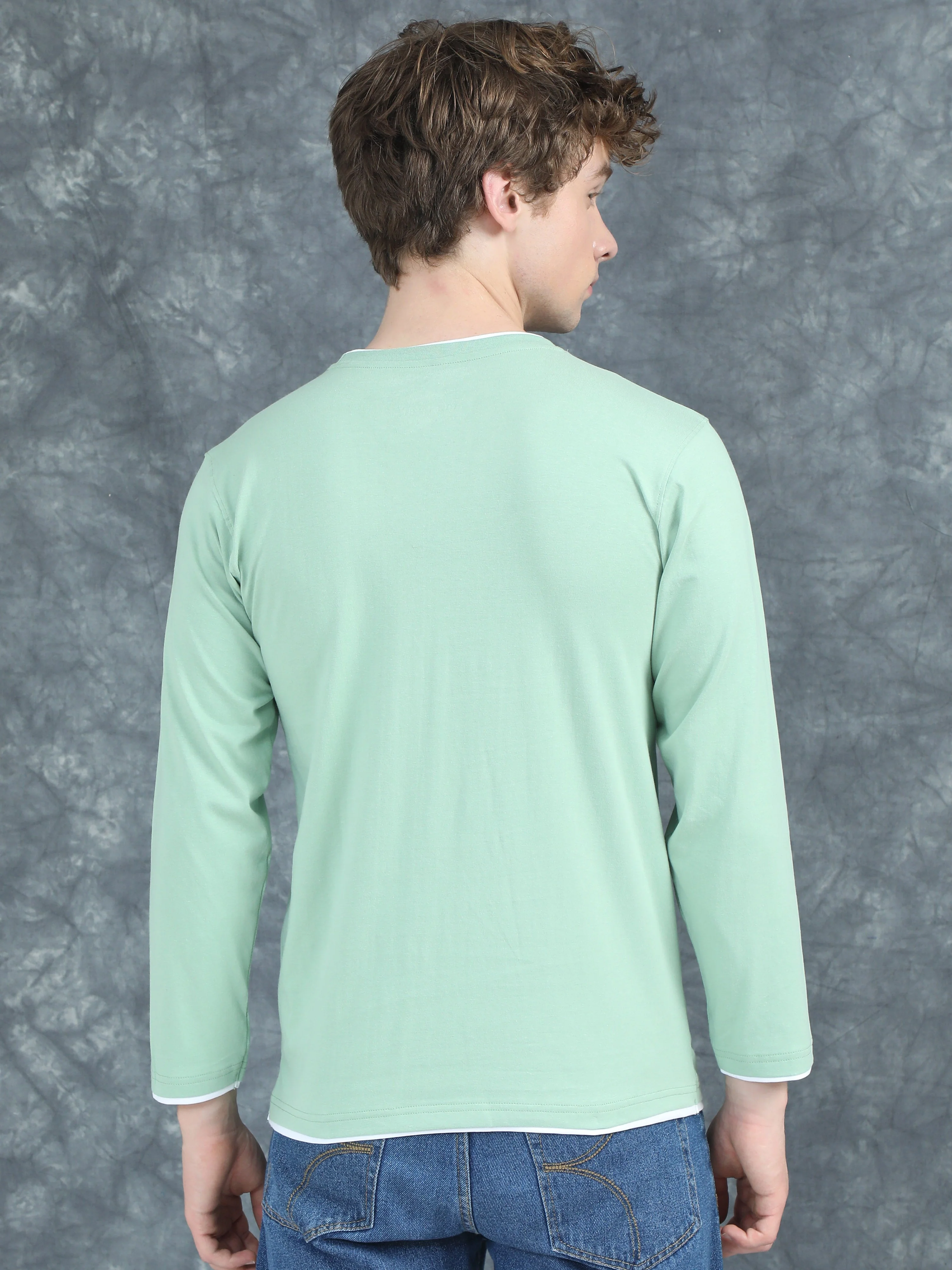 Men Piped Solid Green Full Sleeve T-Shirt - Image 2
