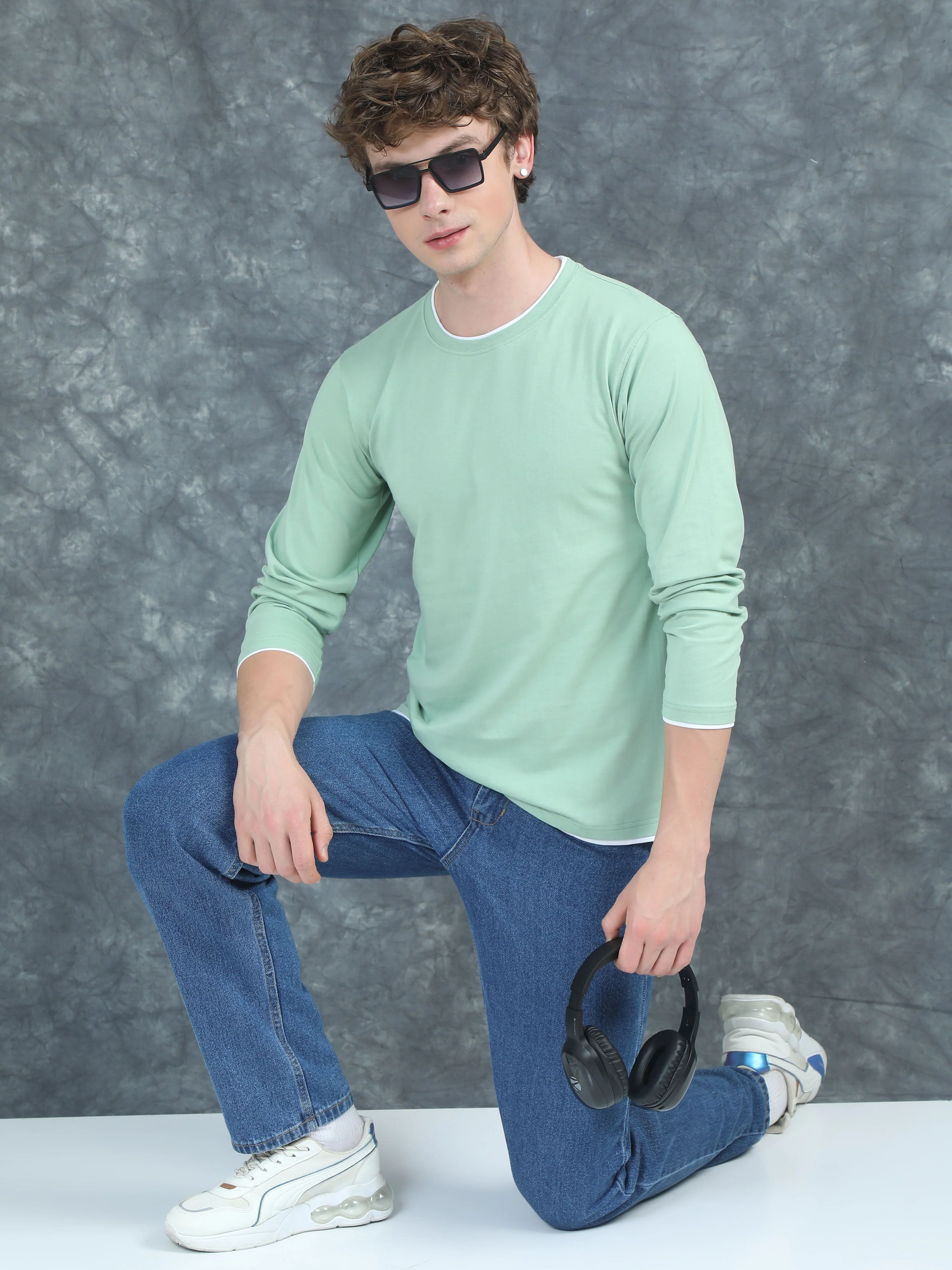 Men Piped Solid Green Full Sleeve T-Shirt - Image 5