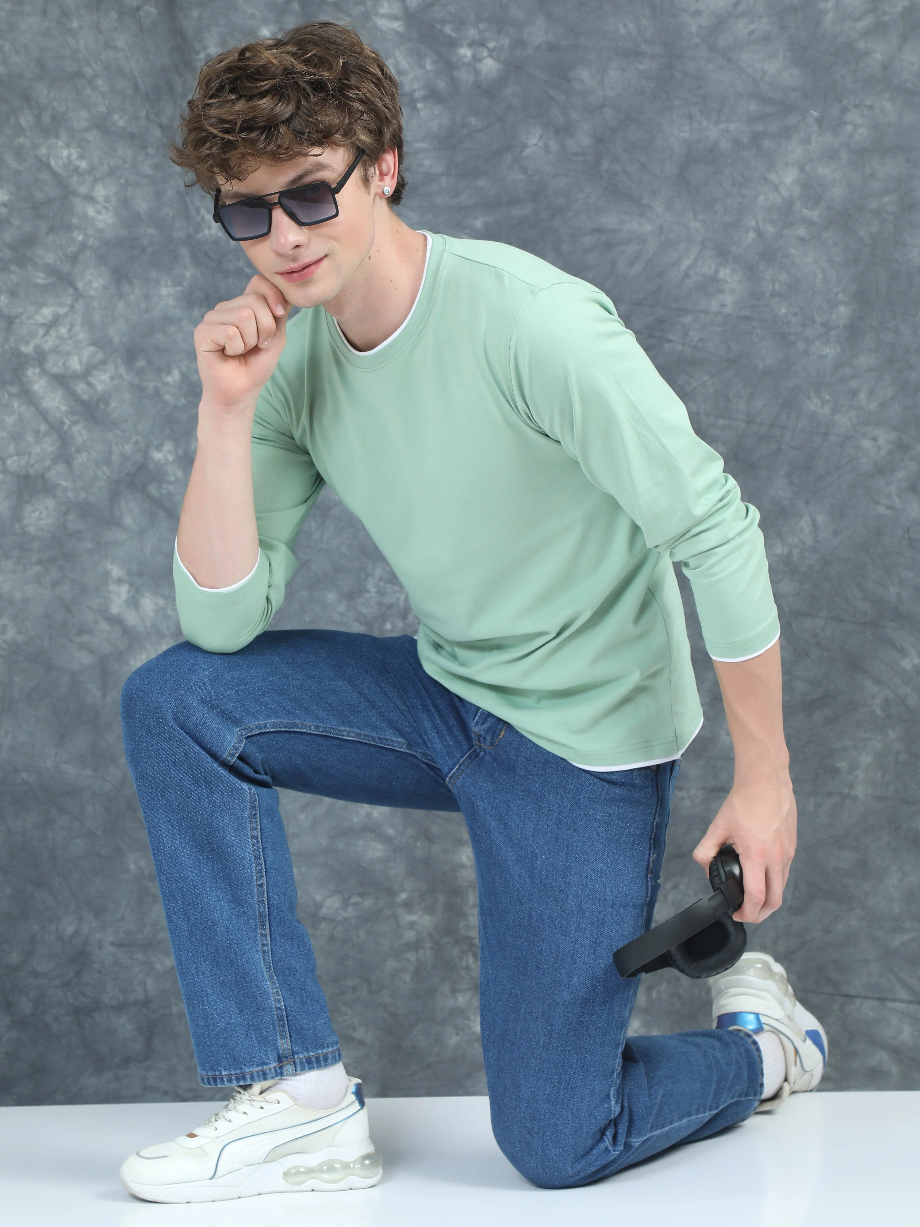 Men Piped Solid Green Full Sleeve T-Shirt - Image 6