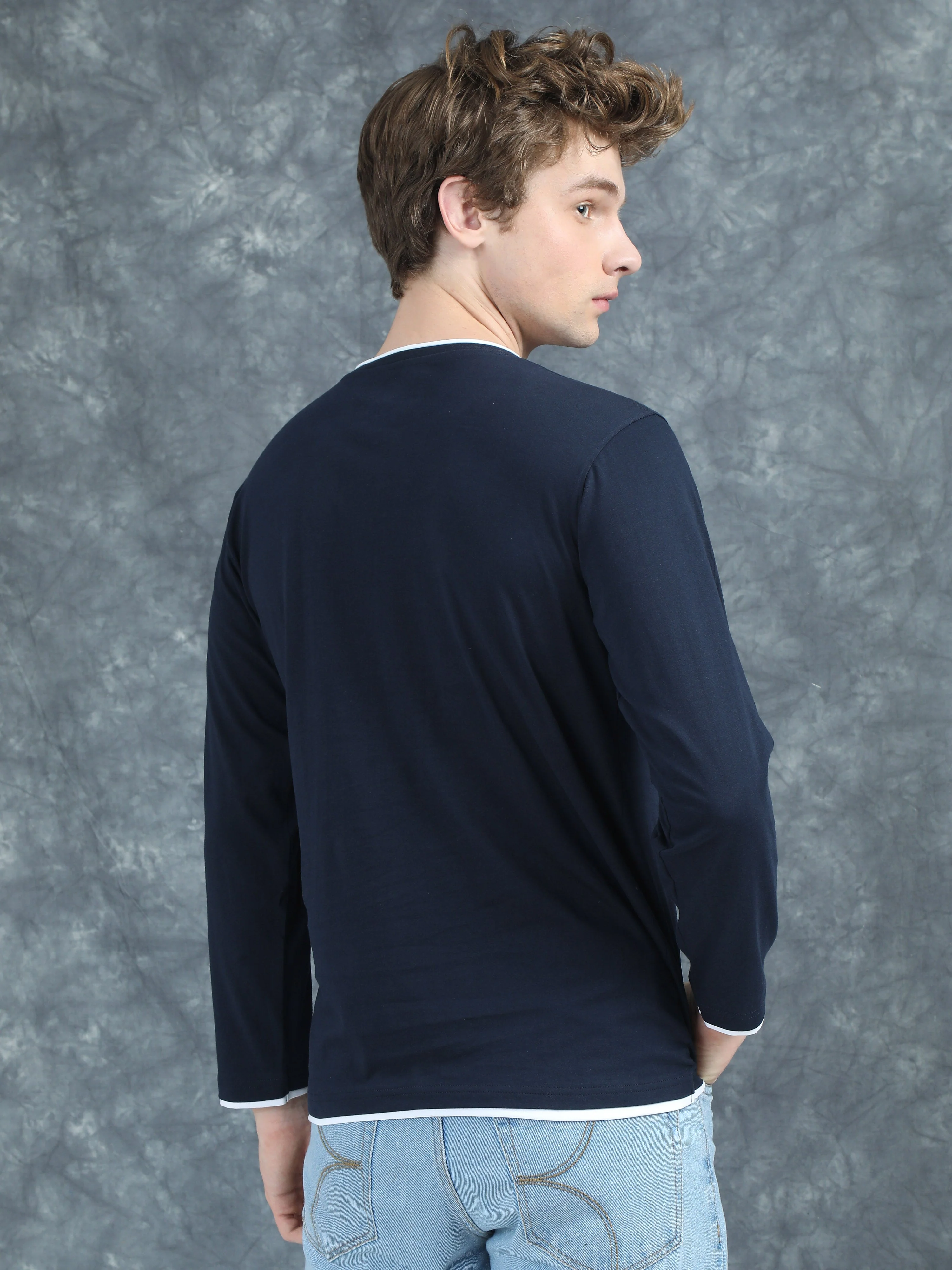 Men Piped Solid Navy Full Sleeve T-Shirt - Image 2