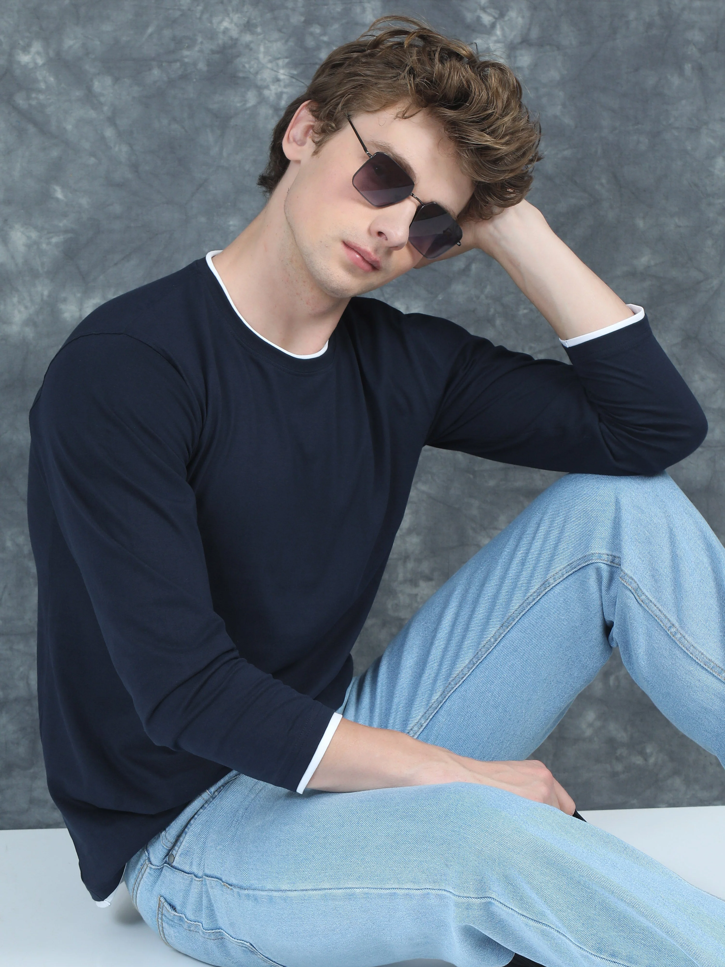 Men Piped Solid Navy Full Sleeve T-Shirt - Image 3