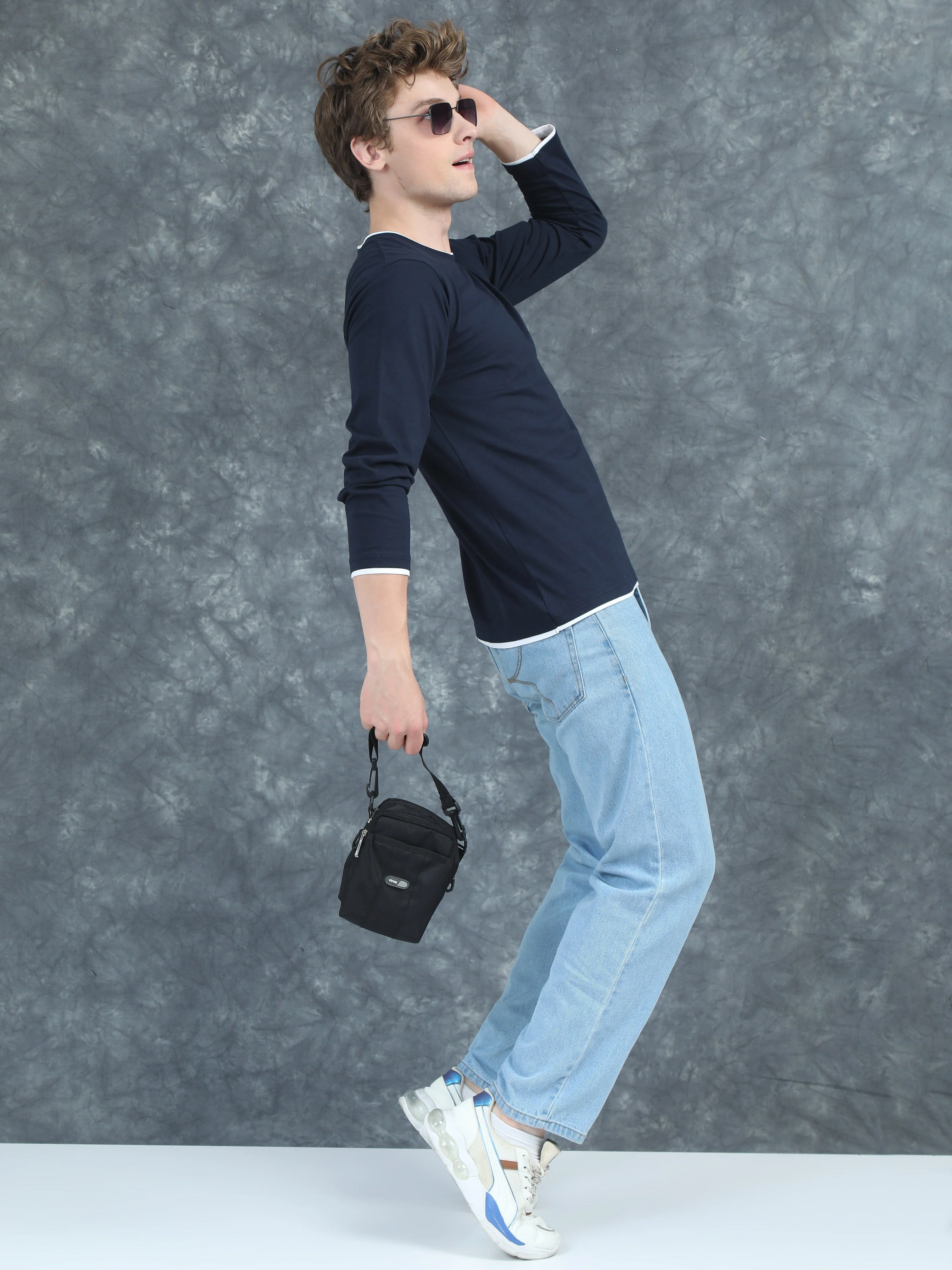 Men Piped Solid Navy Full Sleeve T-Shirt - Image 6