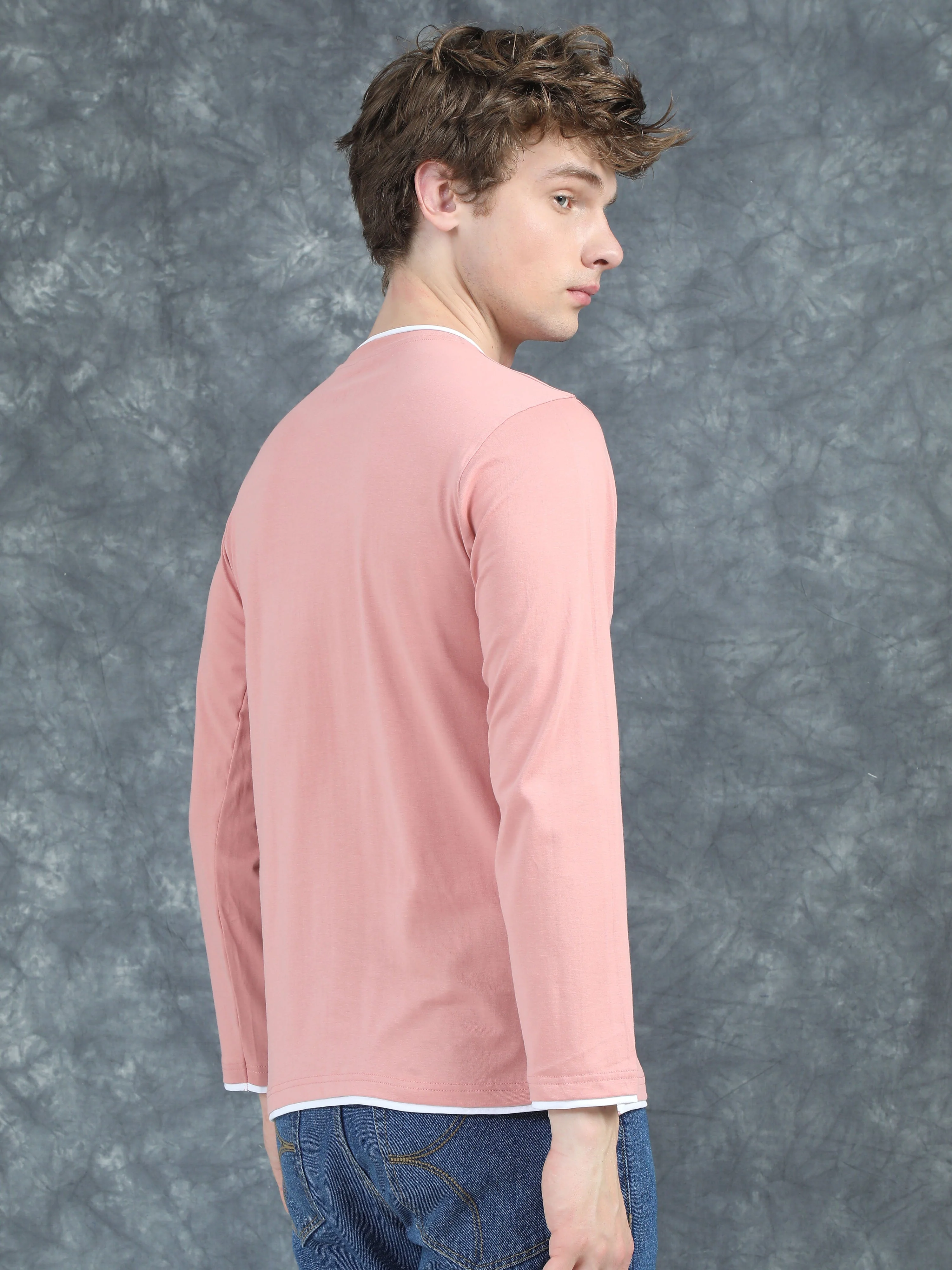 Men Piped Solid Pink Full Sleeve T-Shirt - Image 2