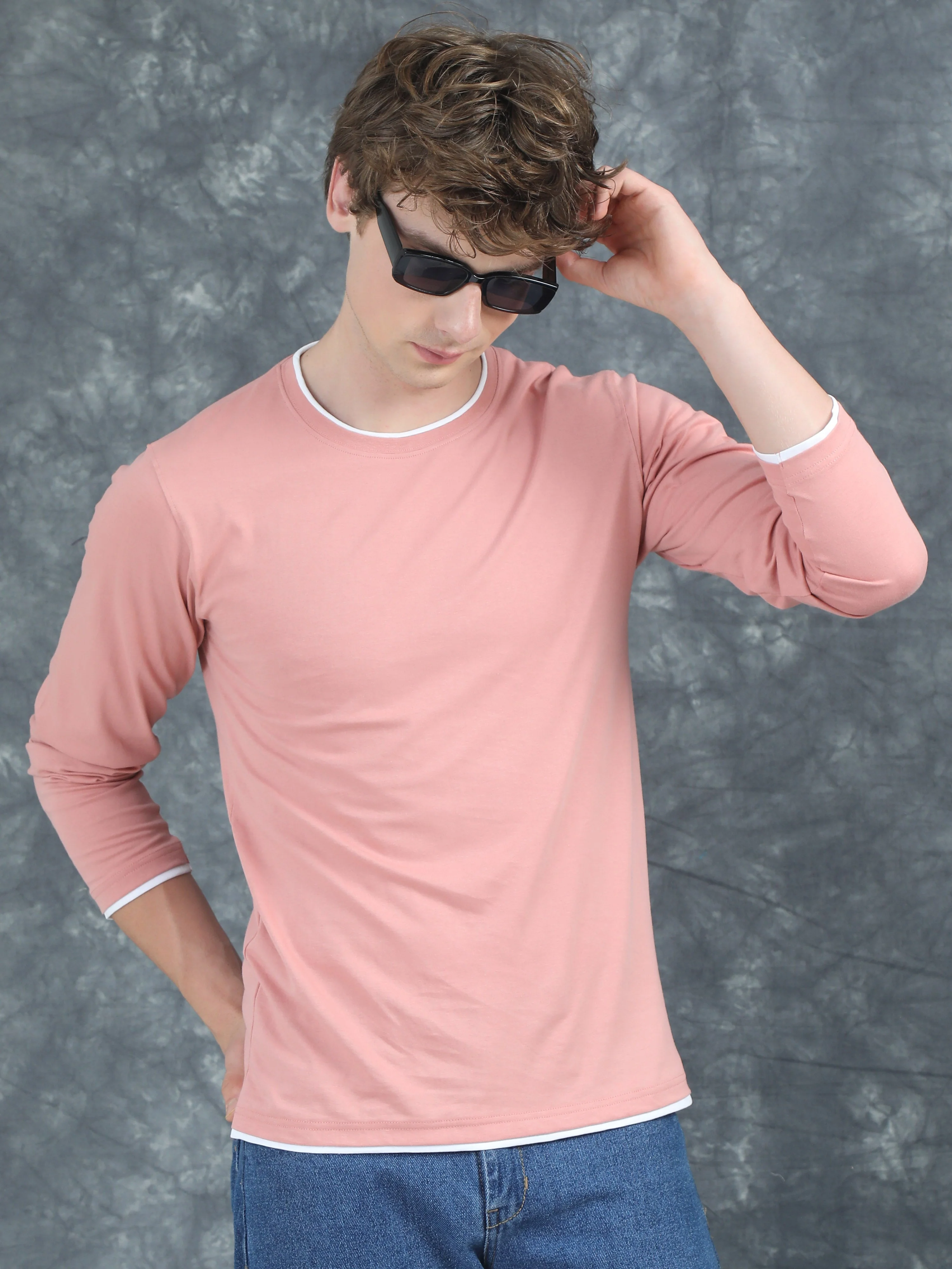 Men Piped Solid Pink Full Sleeve T-Shirt - Image 3