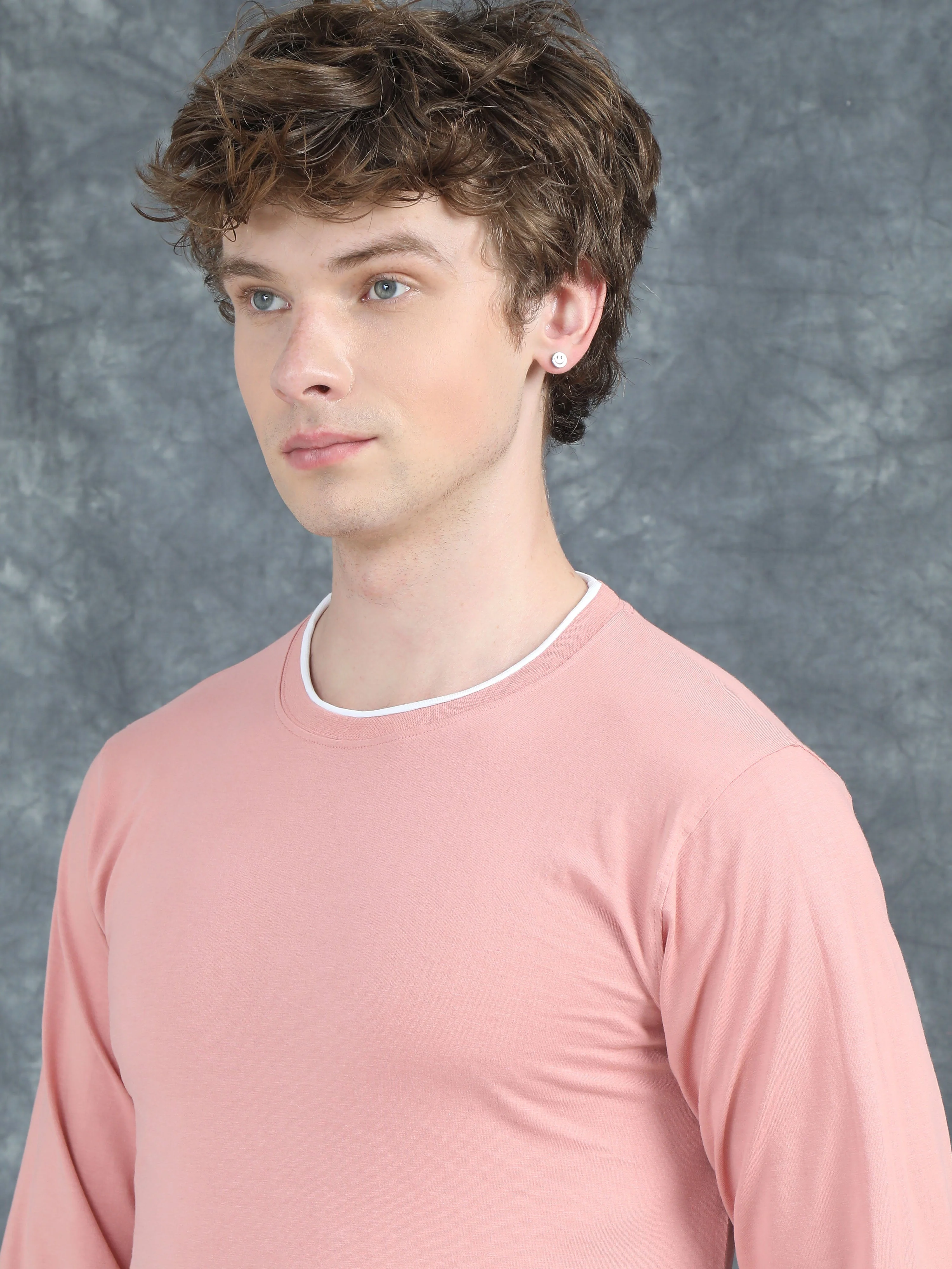 Men Piped Solid Pink Full Sleeve T-Shirt - Image 4