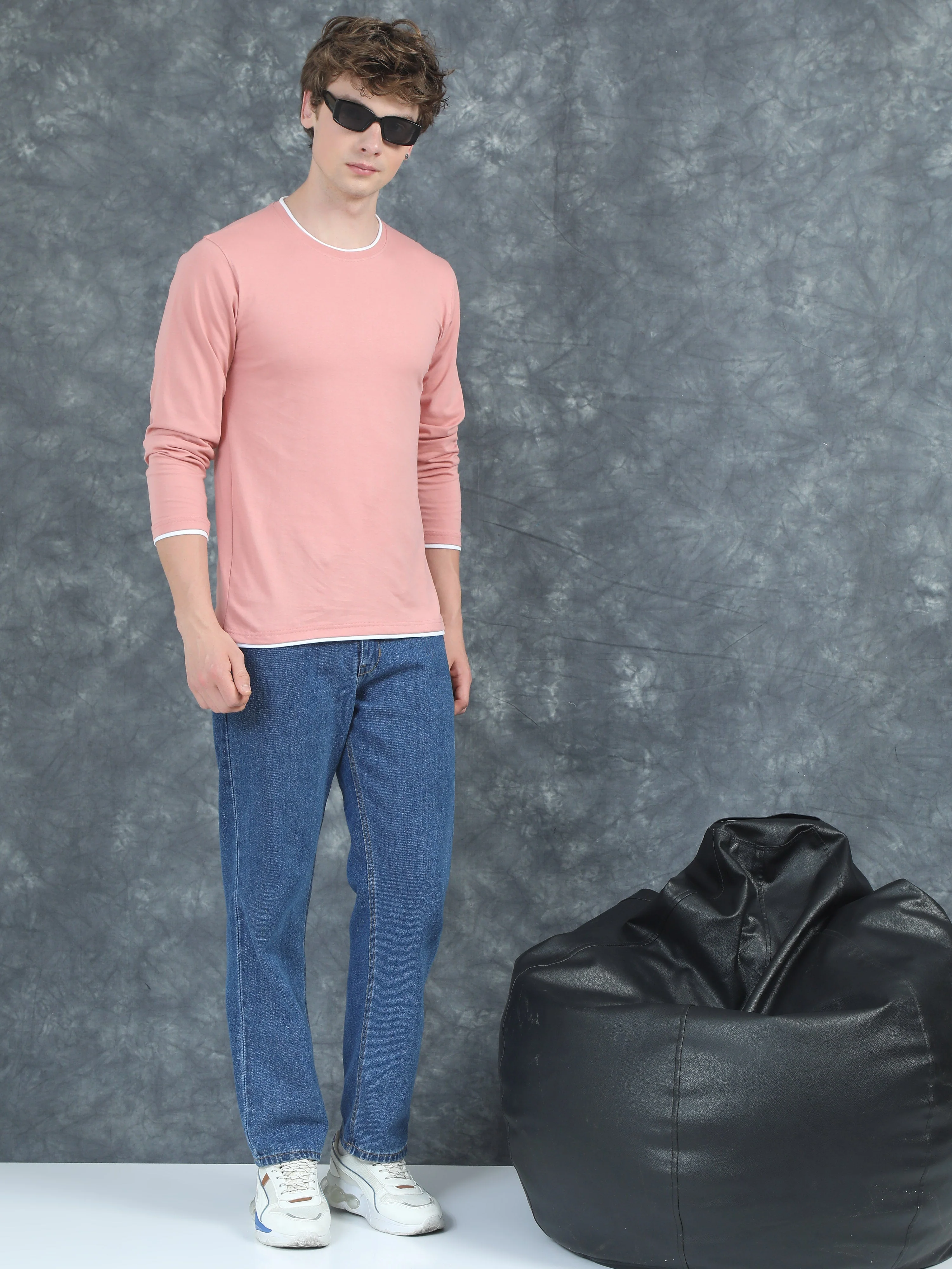 Men Piped Solid Pink Full Sleeve T-Shirt - Image 6