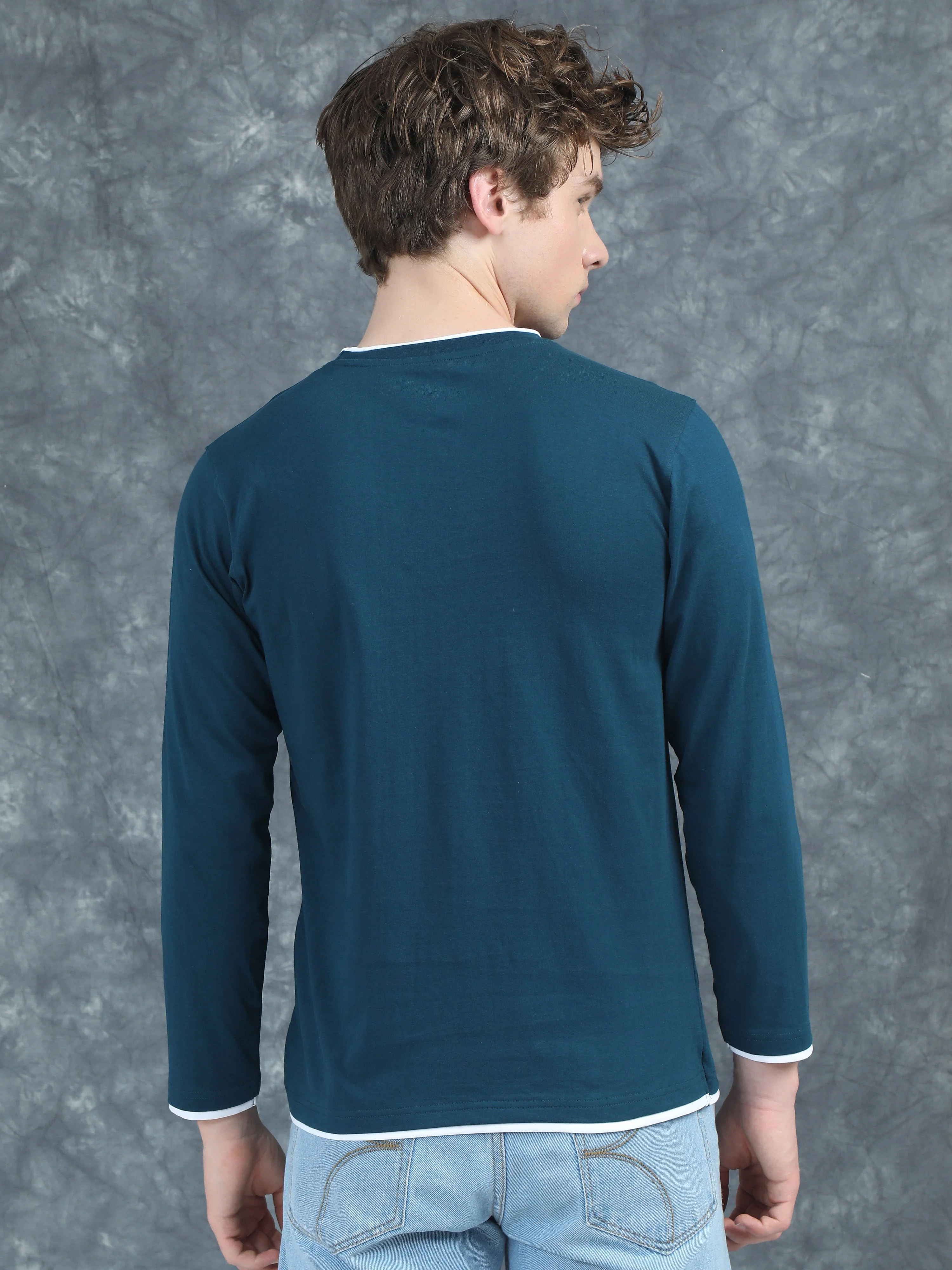 Men Piped Solid Teal Full Sleeve T-Shirt - Image 2