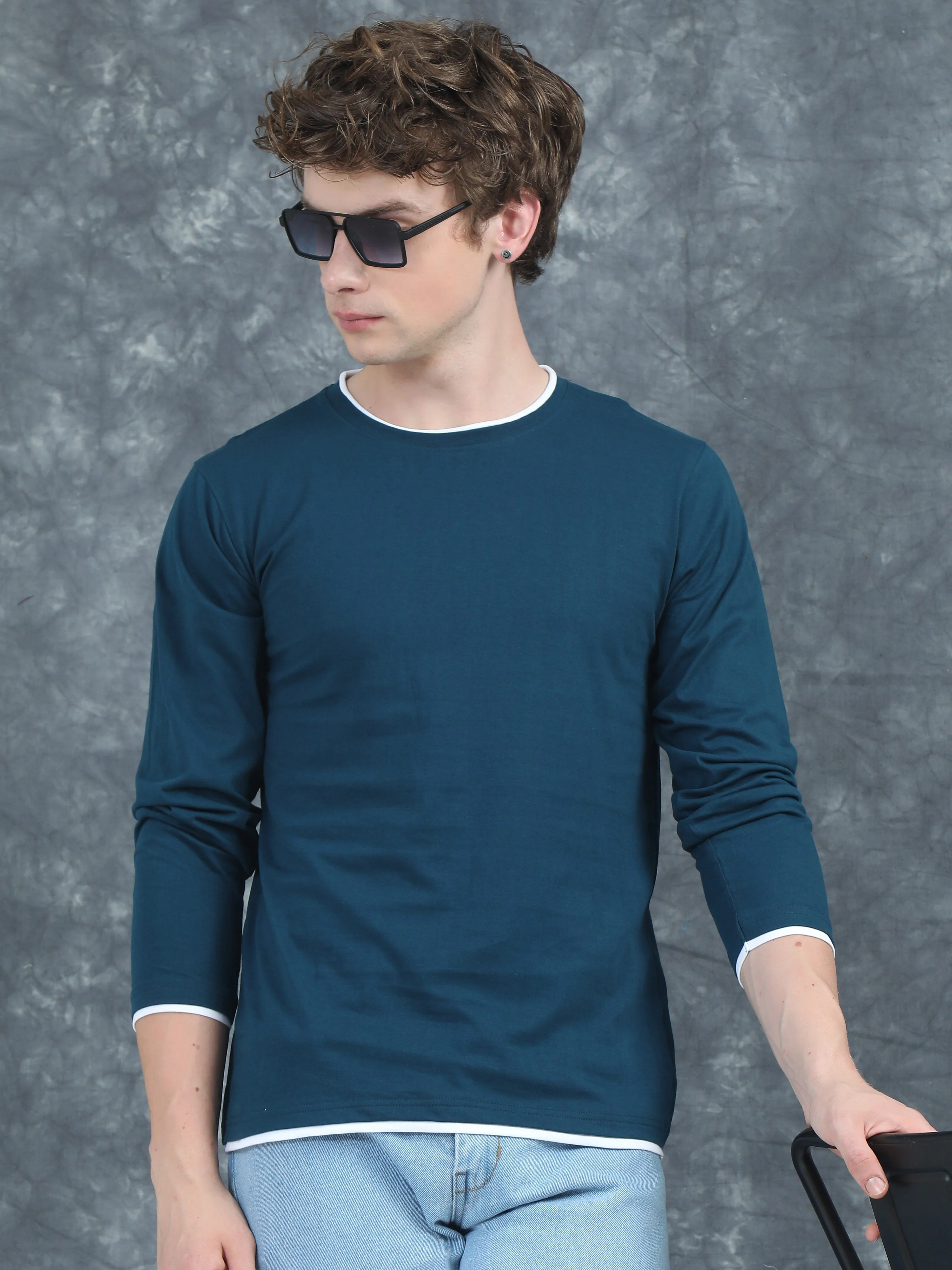 Men Piped Solid Teal Full Sleeve T-Shirt - Image 3