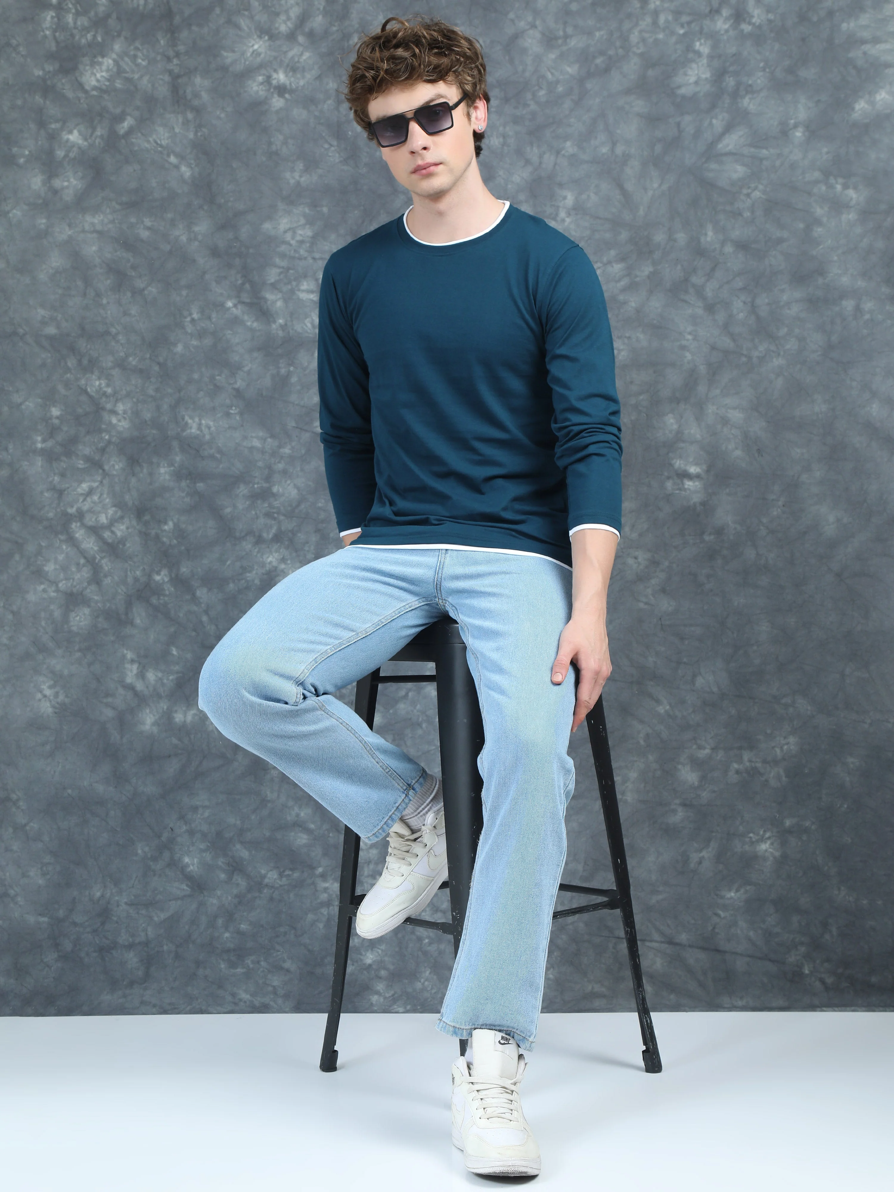 Men Piped Solid Teal Full Sleeve T-Shirt - Image 5