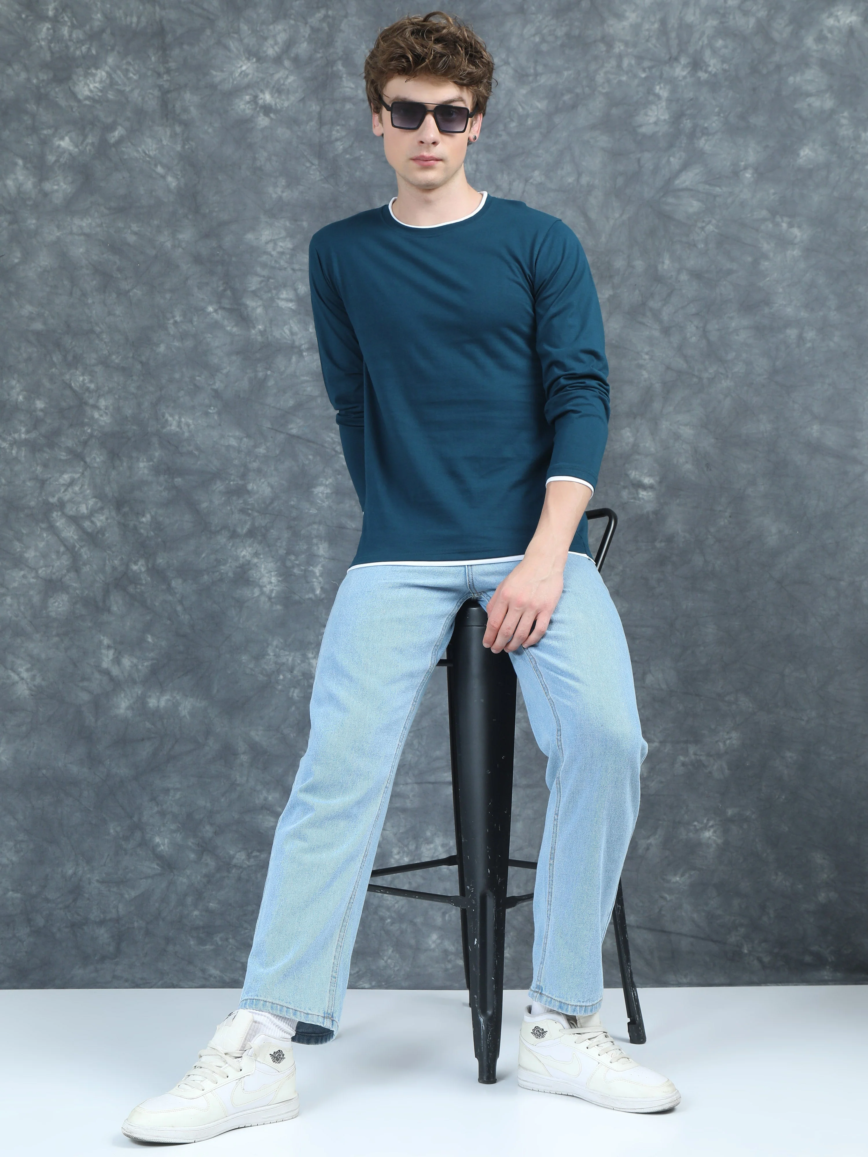 Men Piped Solid Teal Full Sleeve T-Shirt - Image 6