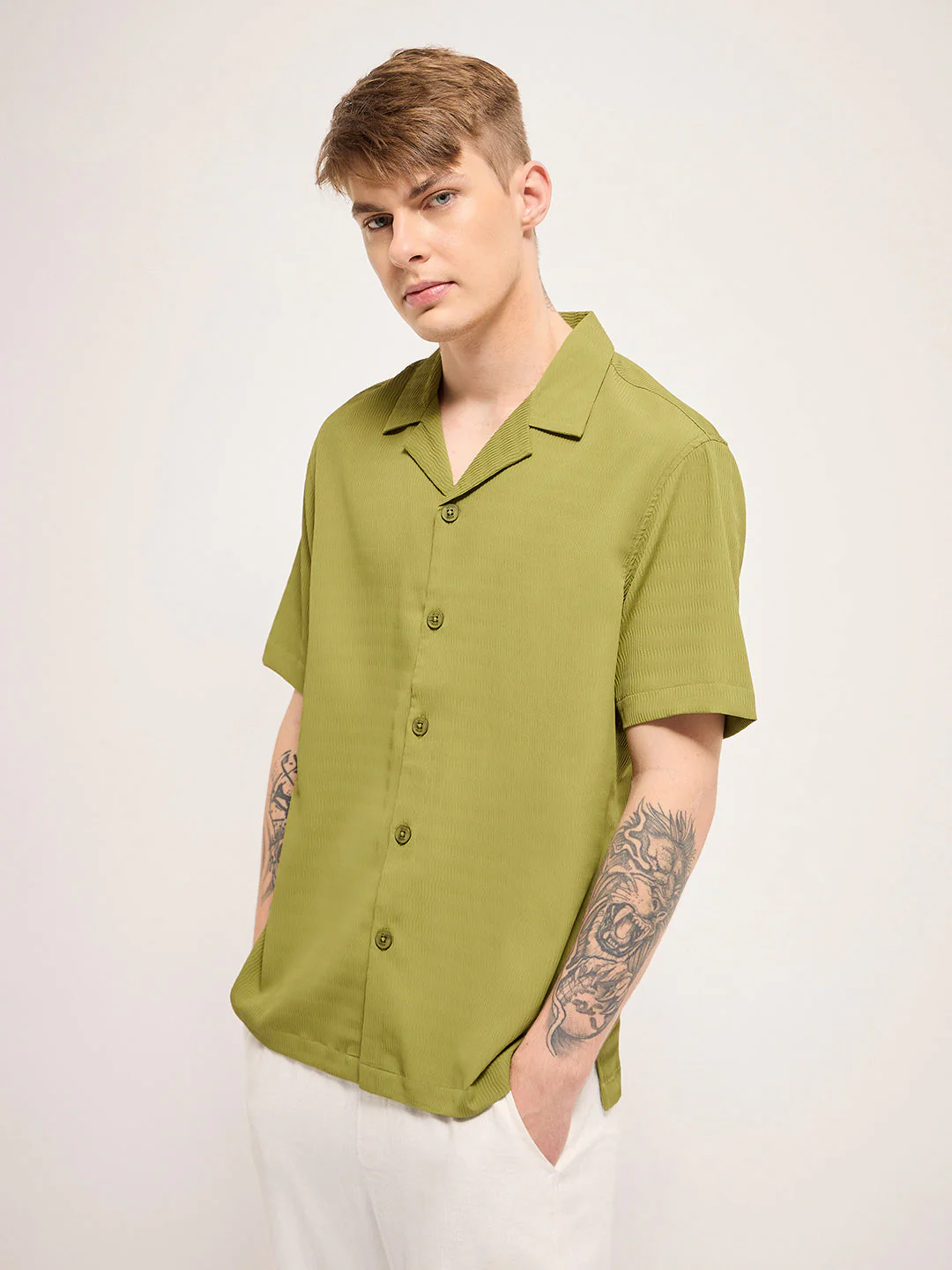 Men Pista green Self Design Regular Fit Casual Shirt - Image 3