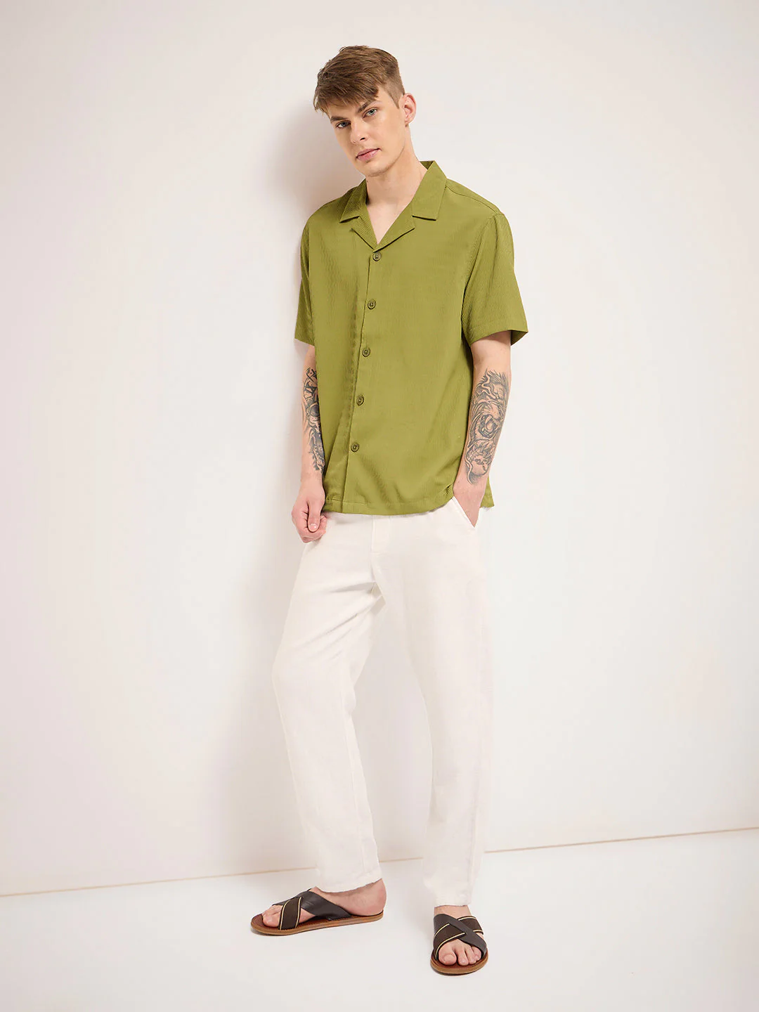 Men Pista green Self Design Regular Fit Casual Shirt - Image 5