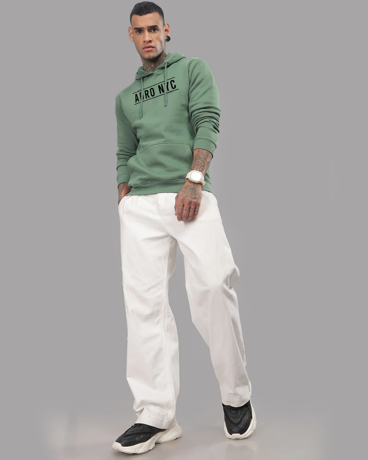 Men Green Printed Hoodie