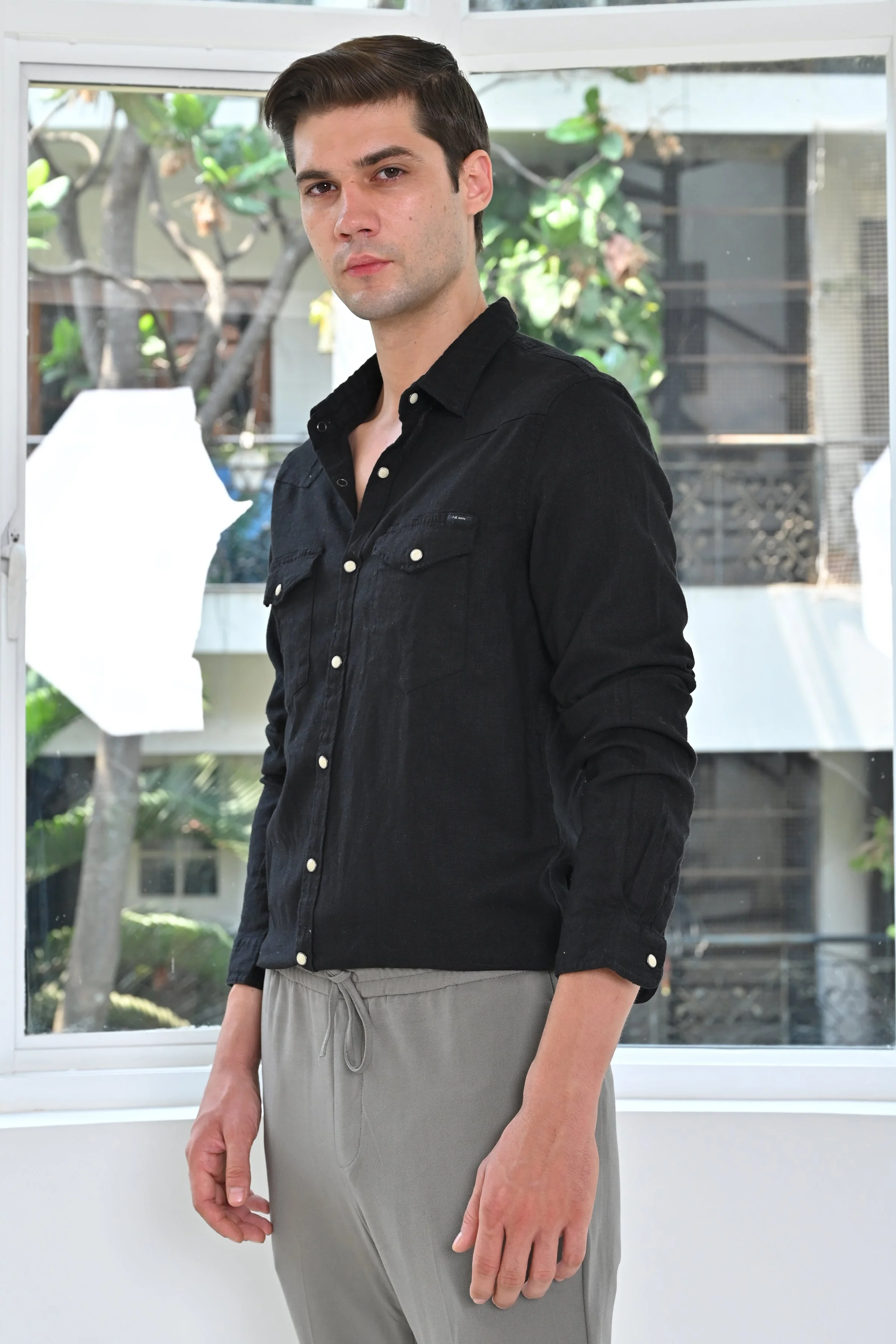 Men Pixel Linen Cotton Shirt Black - Image 2
