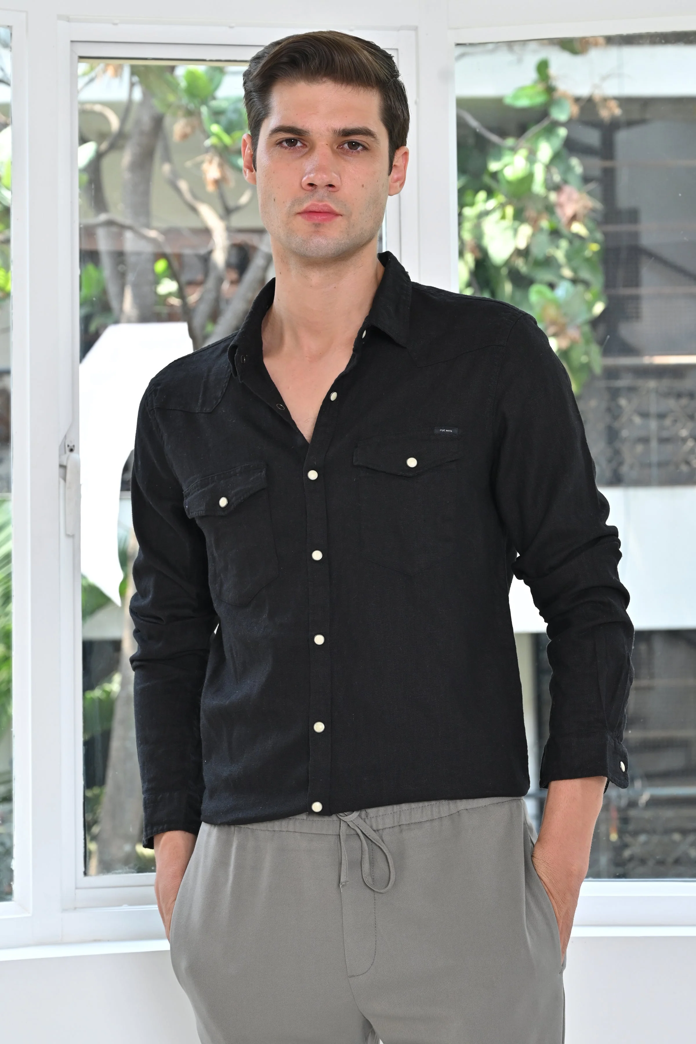 Men Pixel Linen Cotton Shirt Black - Image 3