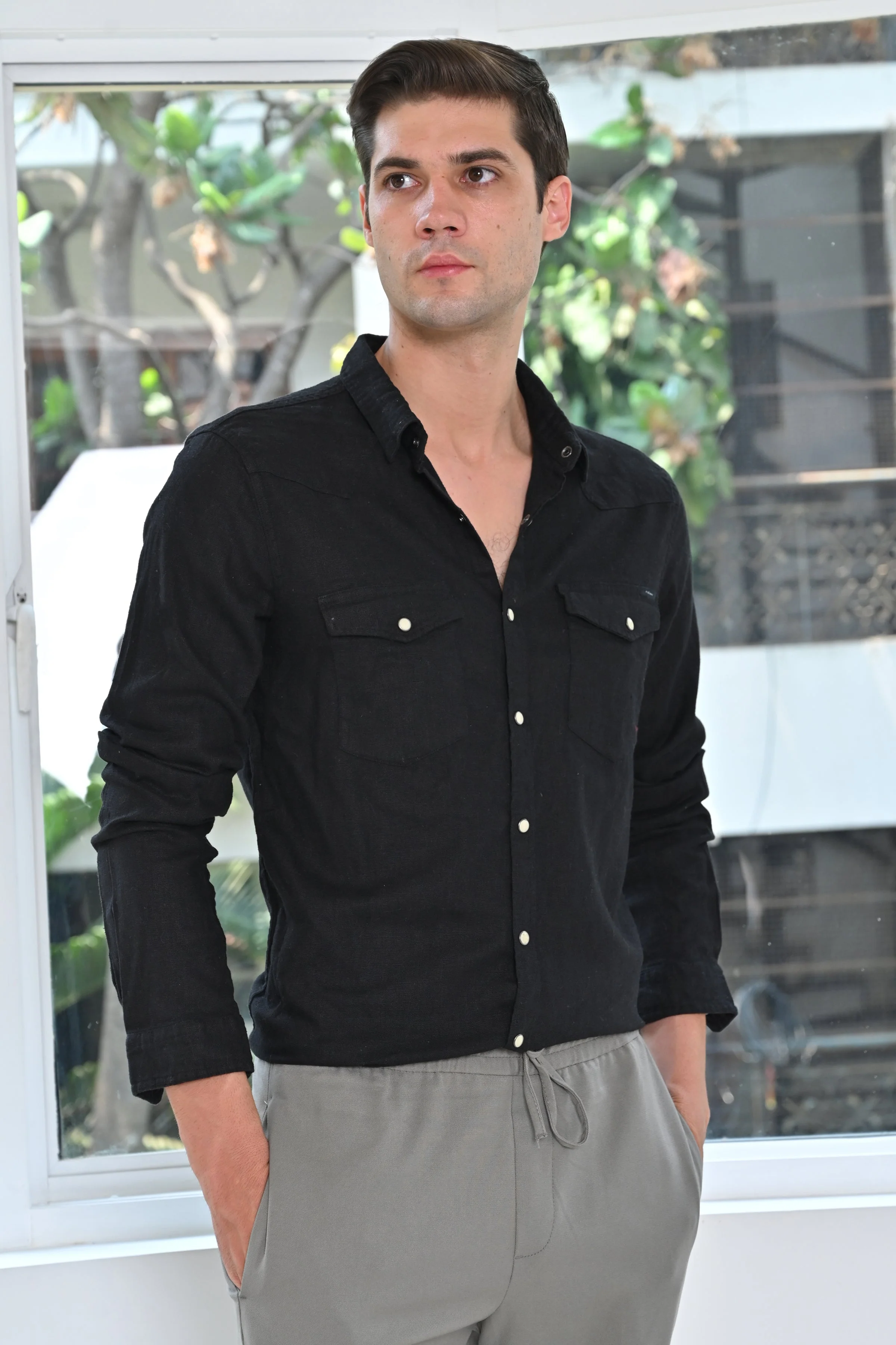 Men Pixel Linen Cotton Shirt Black - Image 5